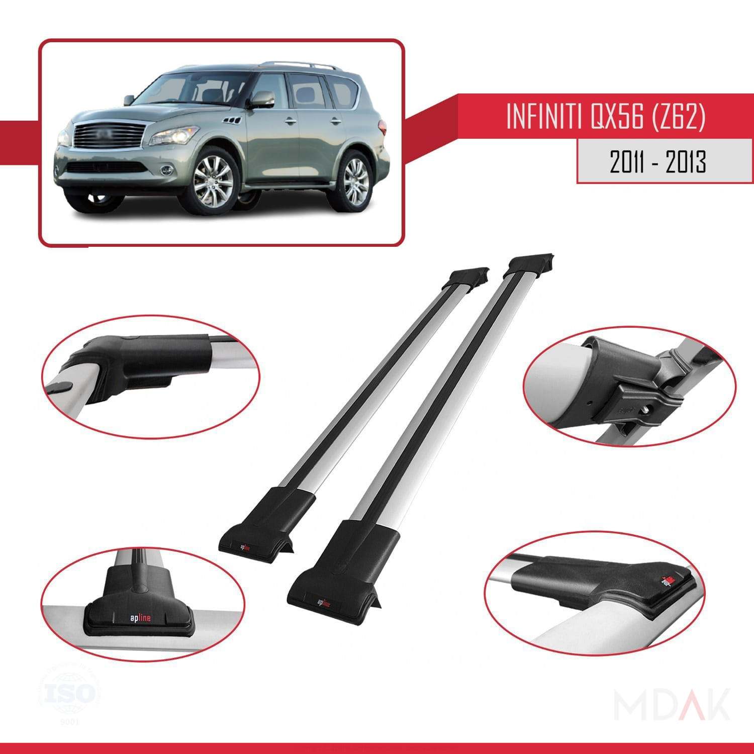 IInfiniti QX56 (Z62) 2011-2013 Arası ile Uyumlu FLY Model Ara Atkı Tavan Barı Gri 2 Adet - Görsel 4