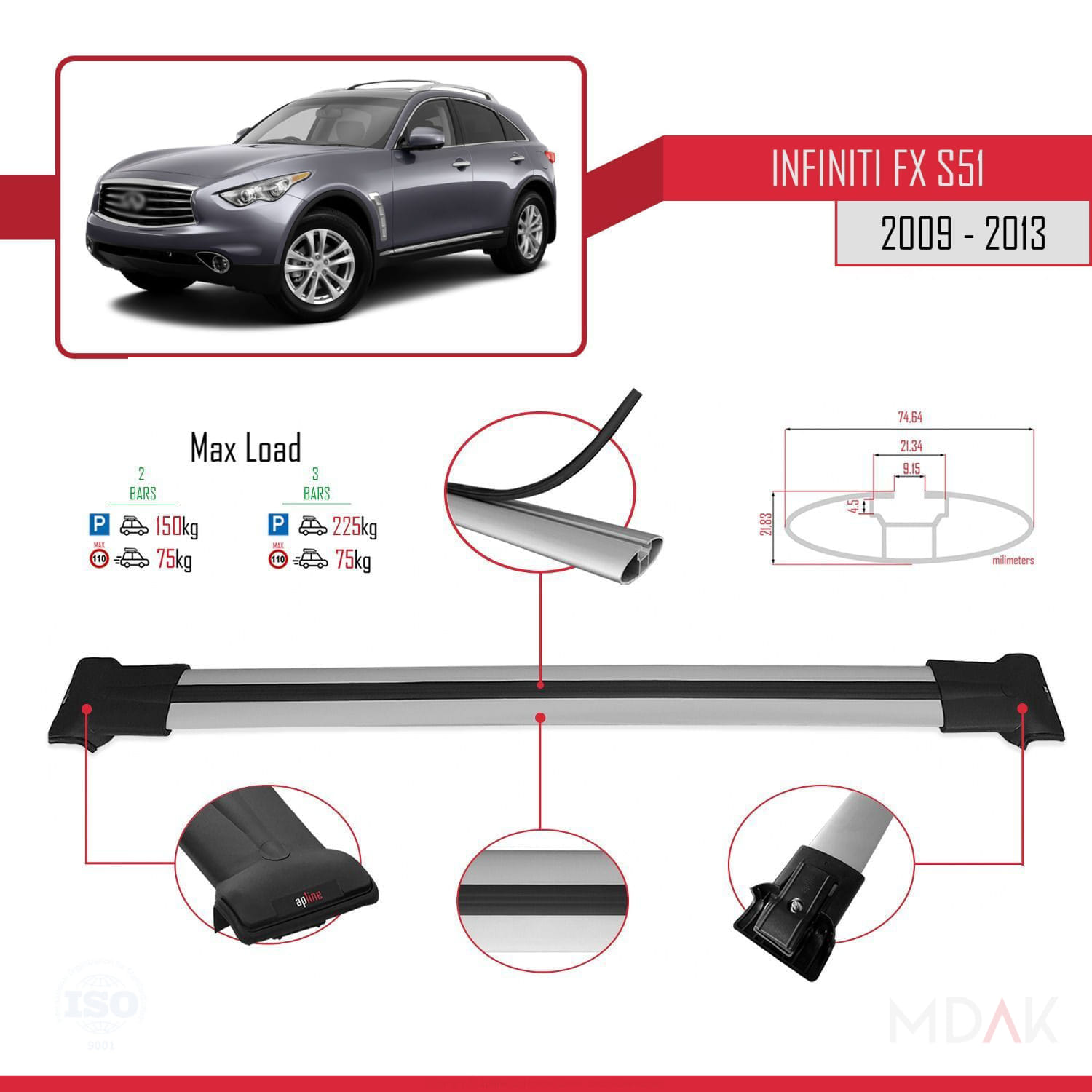 Infiniti FX 2 (S51) 2009-2013 Arası ile Uyumlu FLY Model Ara Atkı Tavan Barı Gri 2 Adet - Görsel 3