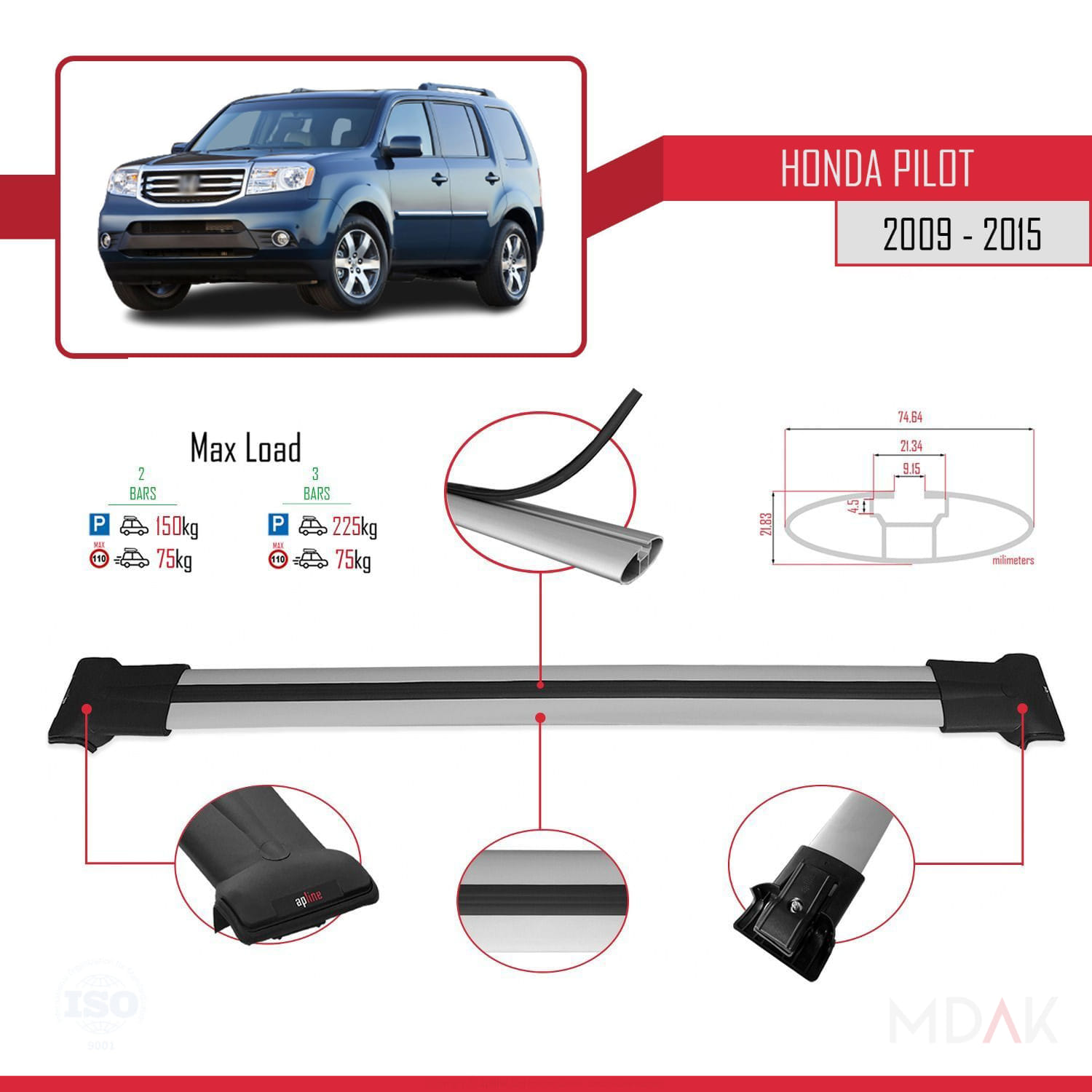 Honda Pilot 2 2009-2015 Arası ile Uyumlu FLY Model Ara Atkı Tavan Barı Gri 2 Adet - Görsel 3