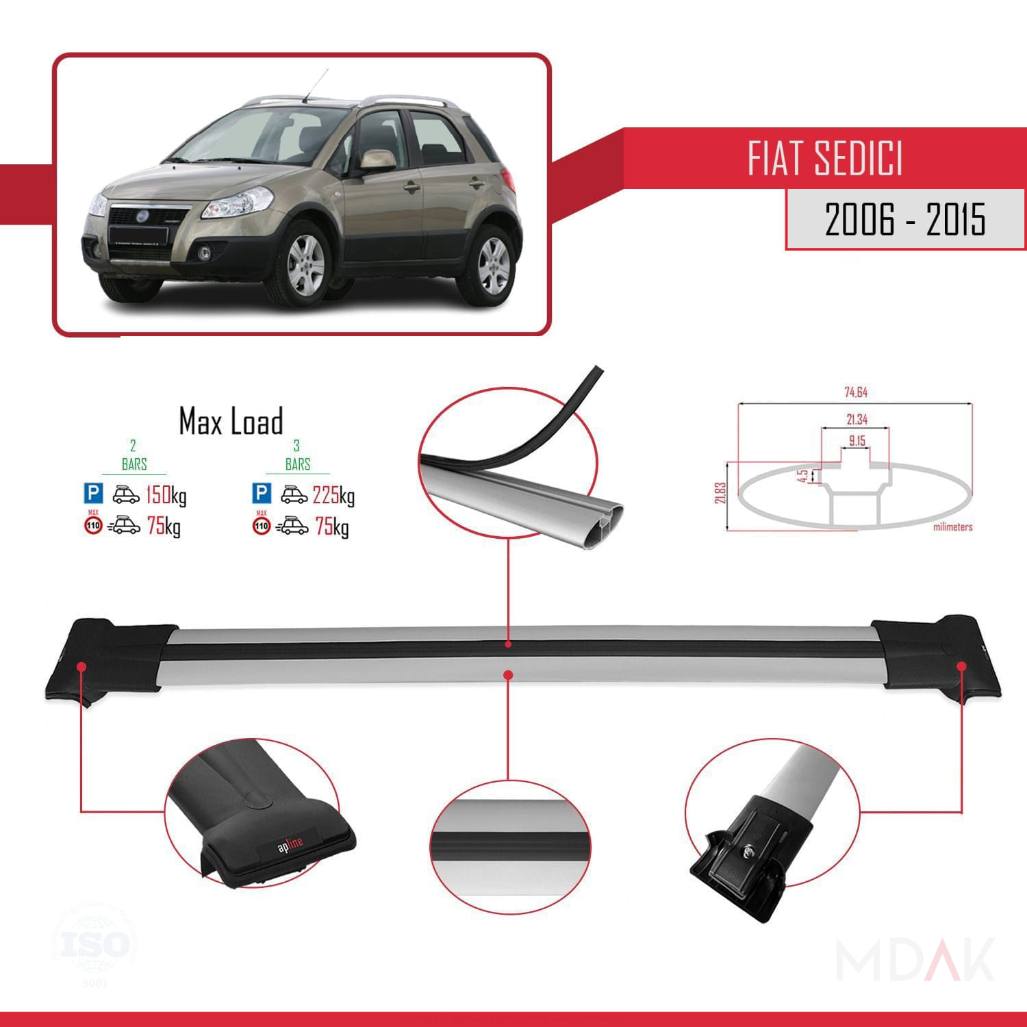 Fiat Sedici 2006-2015 Arası ile Uyumlu FLY Model Ara Atkı Tavan Barı Gri 2 Adet - Görsel 3