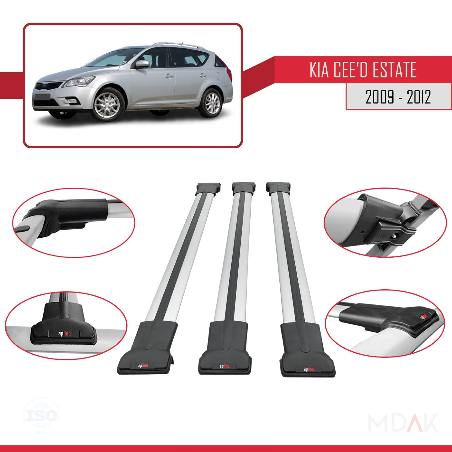 Kia Ceed (ED) SW Post-Facelift 2009-2012 Arası ile Uyumlu FLY Model Ara Atkı Tavan Barı Gri 3 Adet - Görsel 4