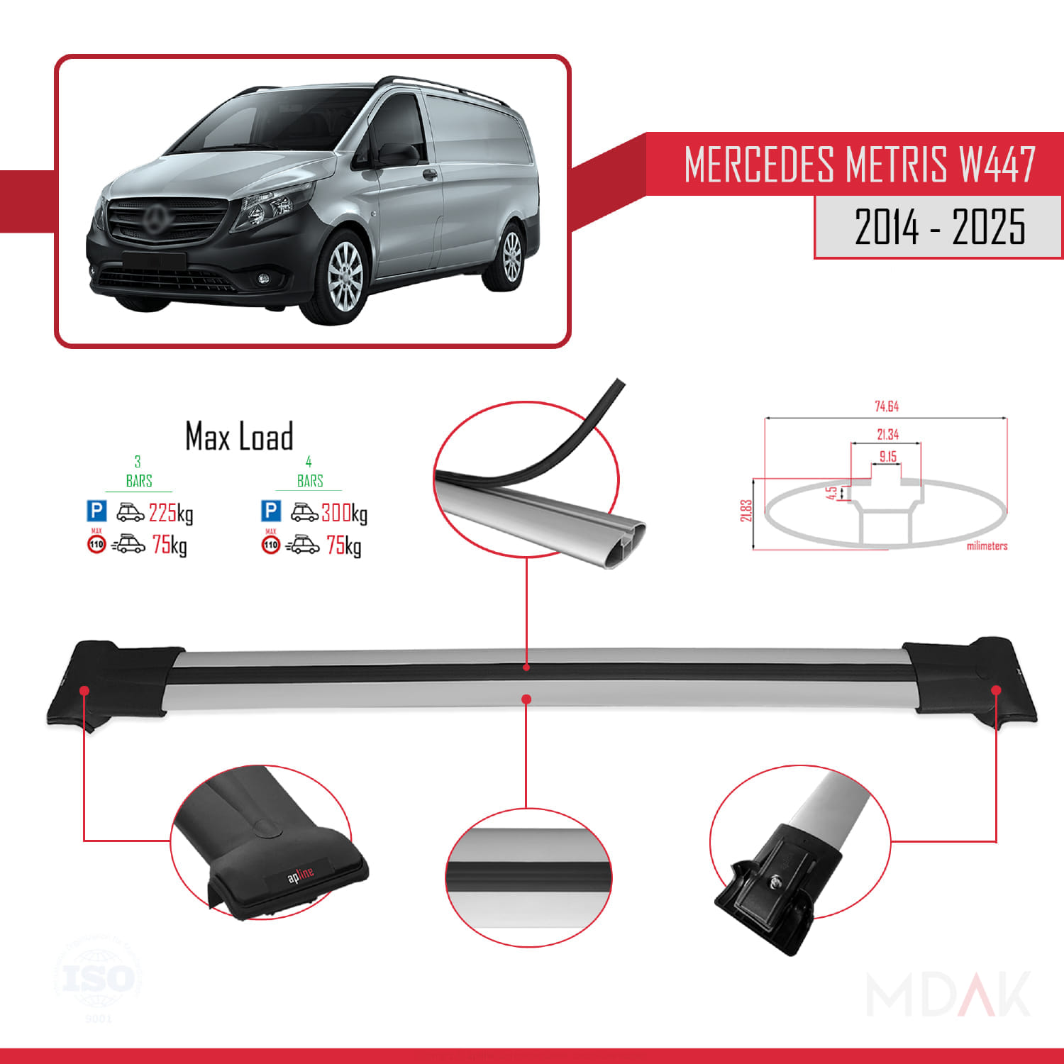 Mercedes Metris (W447) 2014 ve Sonrası ile Uyumlu FLY Model Ara Atkı Tavan Barı Gri 3 Adet - Görsel 3