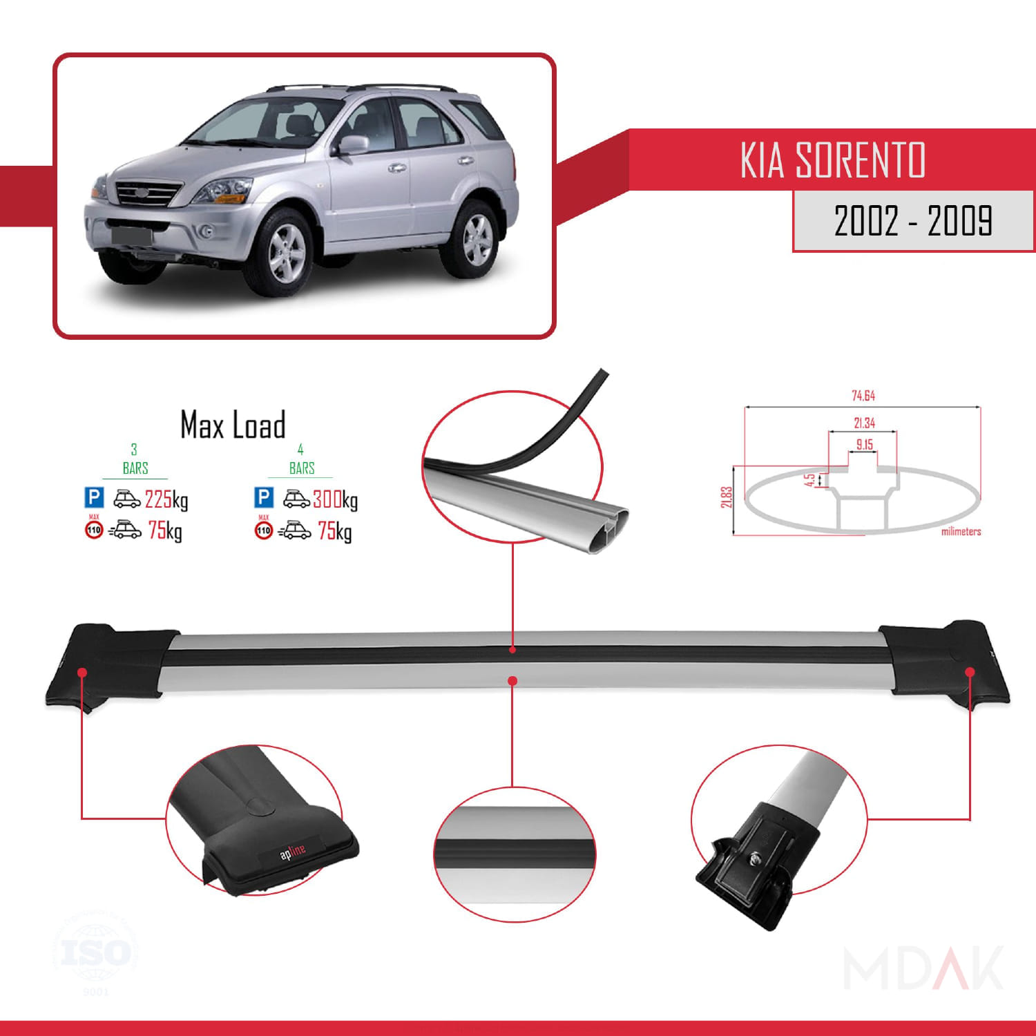 Kia Sorento (BL) 2002-2009 Arası ile Uyumlu FLY Model Ara Atkı Tavan Barı Gri 3 Adet - Görsel 3