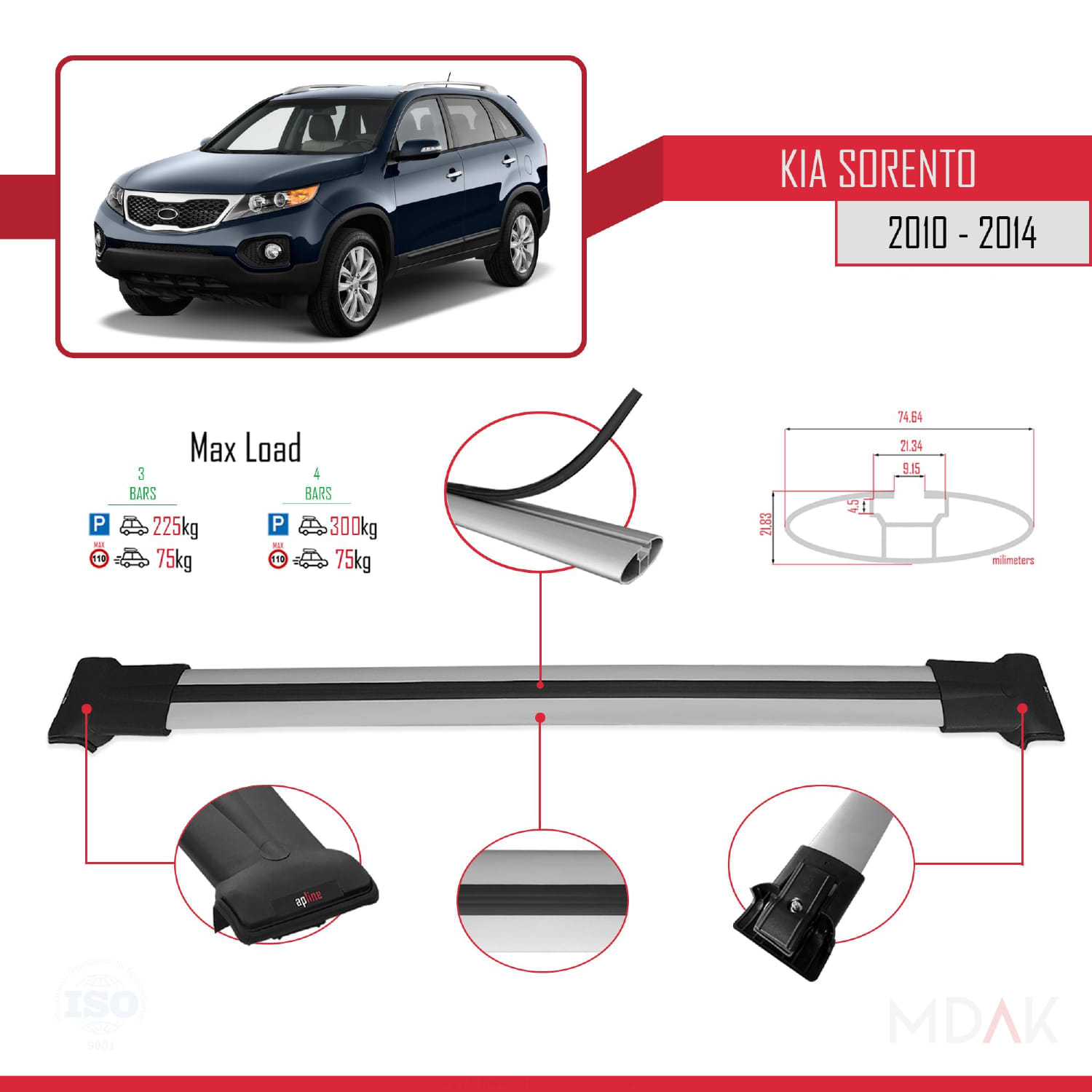 Kia Sorento 2 (XM) 2010-2014 Arası ile Uyumlu FLY Model Ara Atkı Tavan Barı Gri 3 Adet - Görsel 3