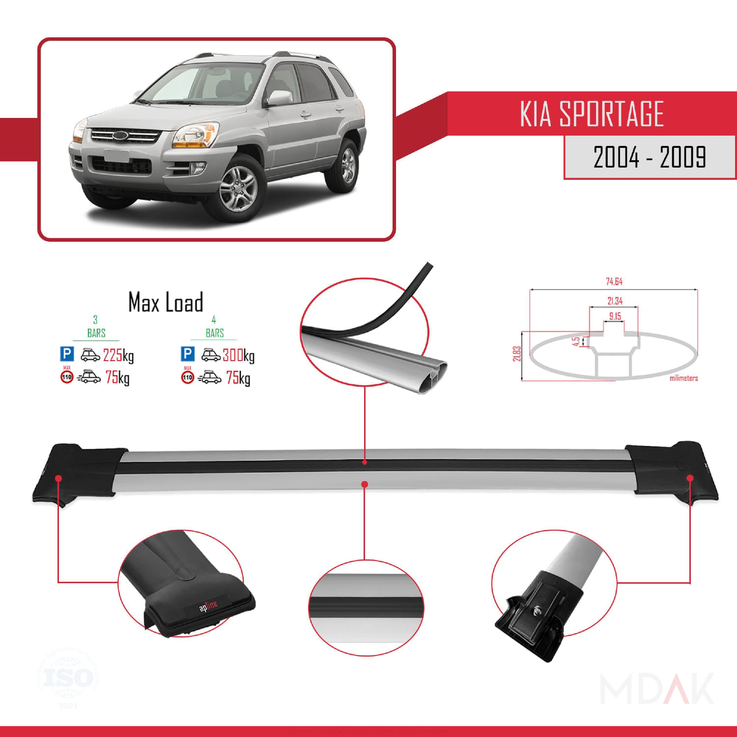 Kia Sportage 2 (JE) 2004-2009 Arası ile Uyumlu FLY Model Ara Atkı Tavan Barı Gri 3 Adet - Görsel 3
