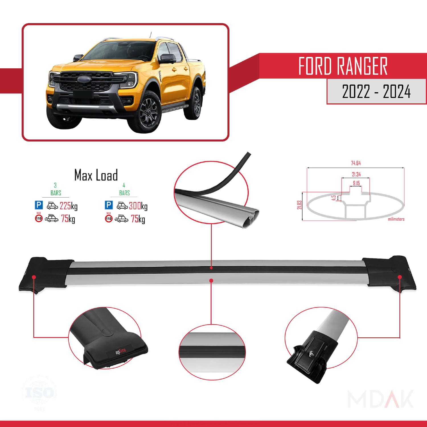 Ford Ranger (P703) 2022-2024 Arası ile Uyumlu FLY Model Ara Atkı Tavan Barı Gri 3 Adet - Görsel 3
