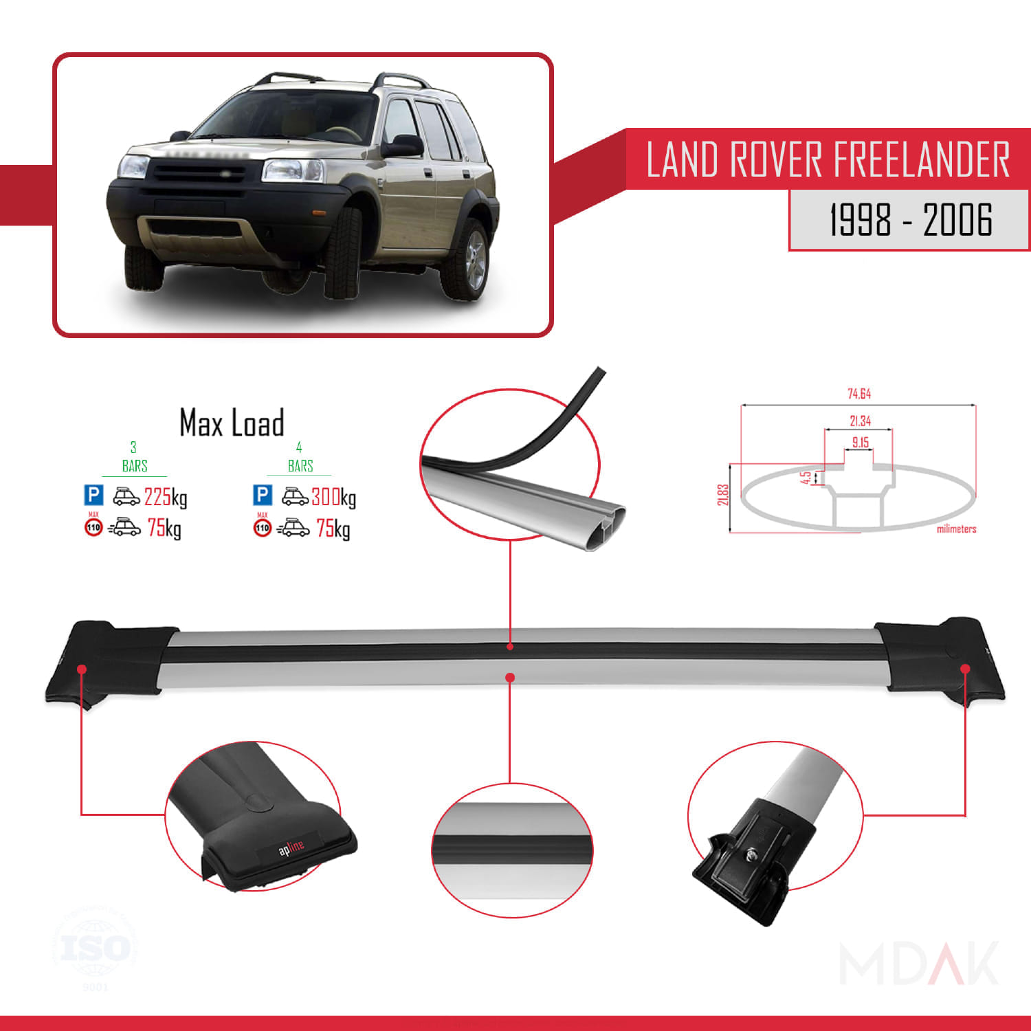 Land Rover Freelander (L314) 1998-2006 Arası ile Uyumlu FLY Model Ara Atkı Tavan Barı Gri 3 Adet - Görsel 3