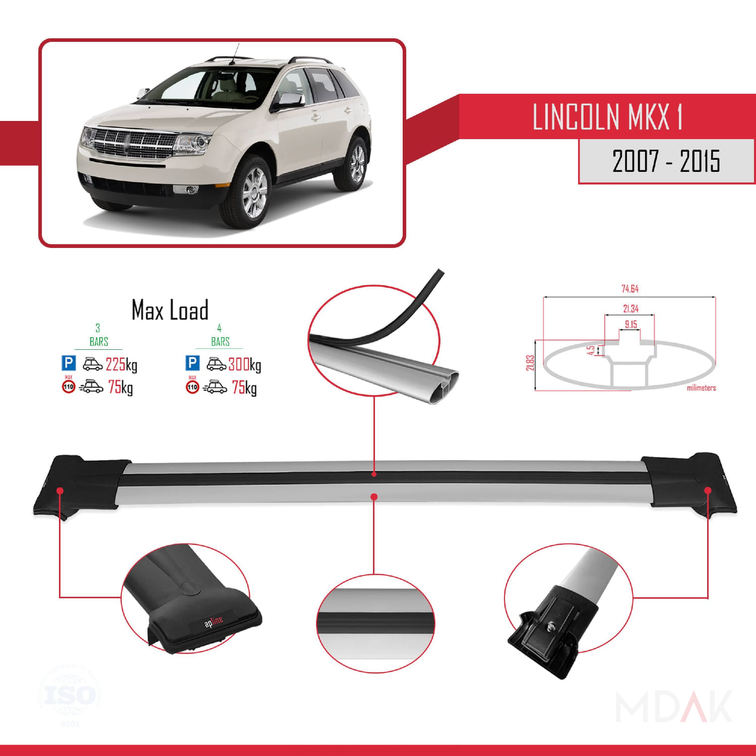 Lincoln MKX (U388) 2007-2015 Arası ile Uyumlu FLY Model Ara Atkı Tavan Barı Gri 3 Adet - Görsel 3