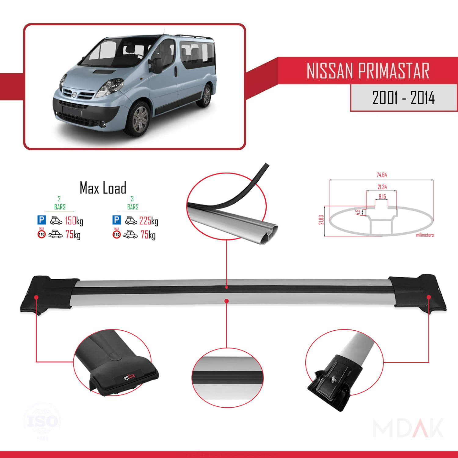 Nissan Primastar 2001-2014 Arası ile Uyumlu FLY Model Ara Atkı Tavan Barı Gri 2 Adet - Görsel 4