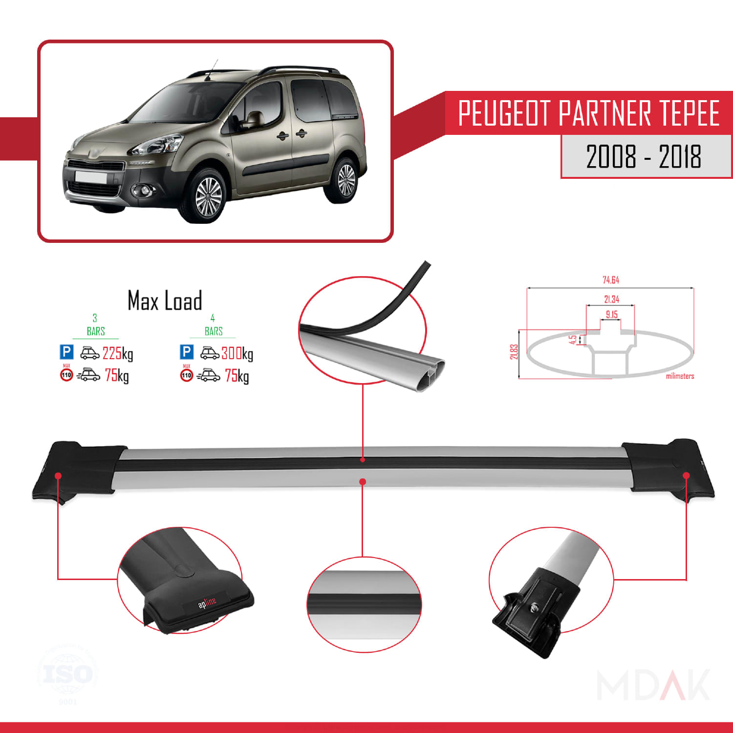 Peugeot Partner 2 Tepee 2008-2018 Arası ile Uyumlu FLY Model Ara Atkı Tavan Barı Gri 3 Adet - Görsel 4
