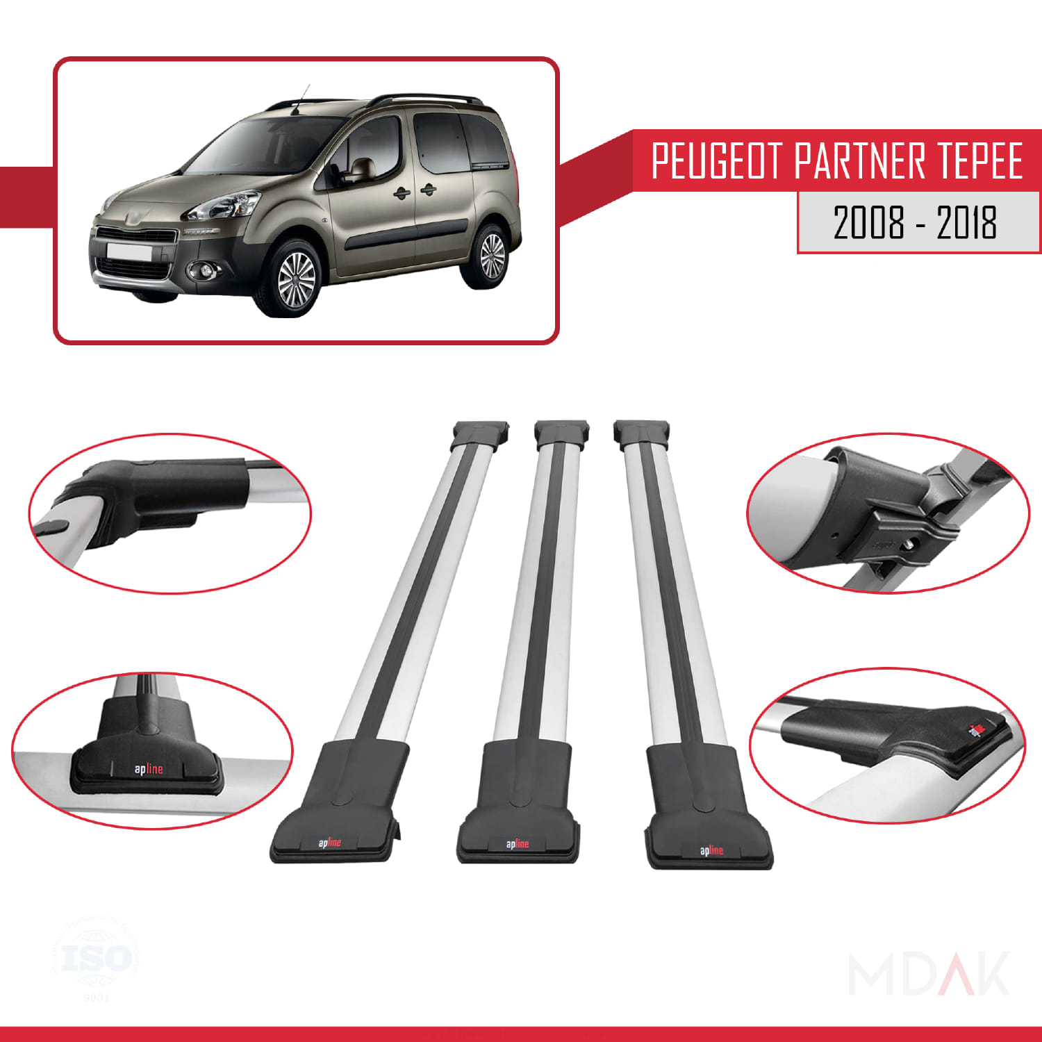 Peugeot Partner 2 Tepee 2008-2018 Arası ile Uyumlu FLY Model Ara Atkı Tavan Barı Gri 3 Adet - Görsel 5