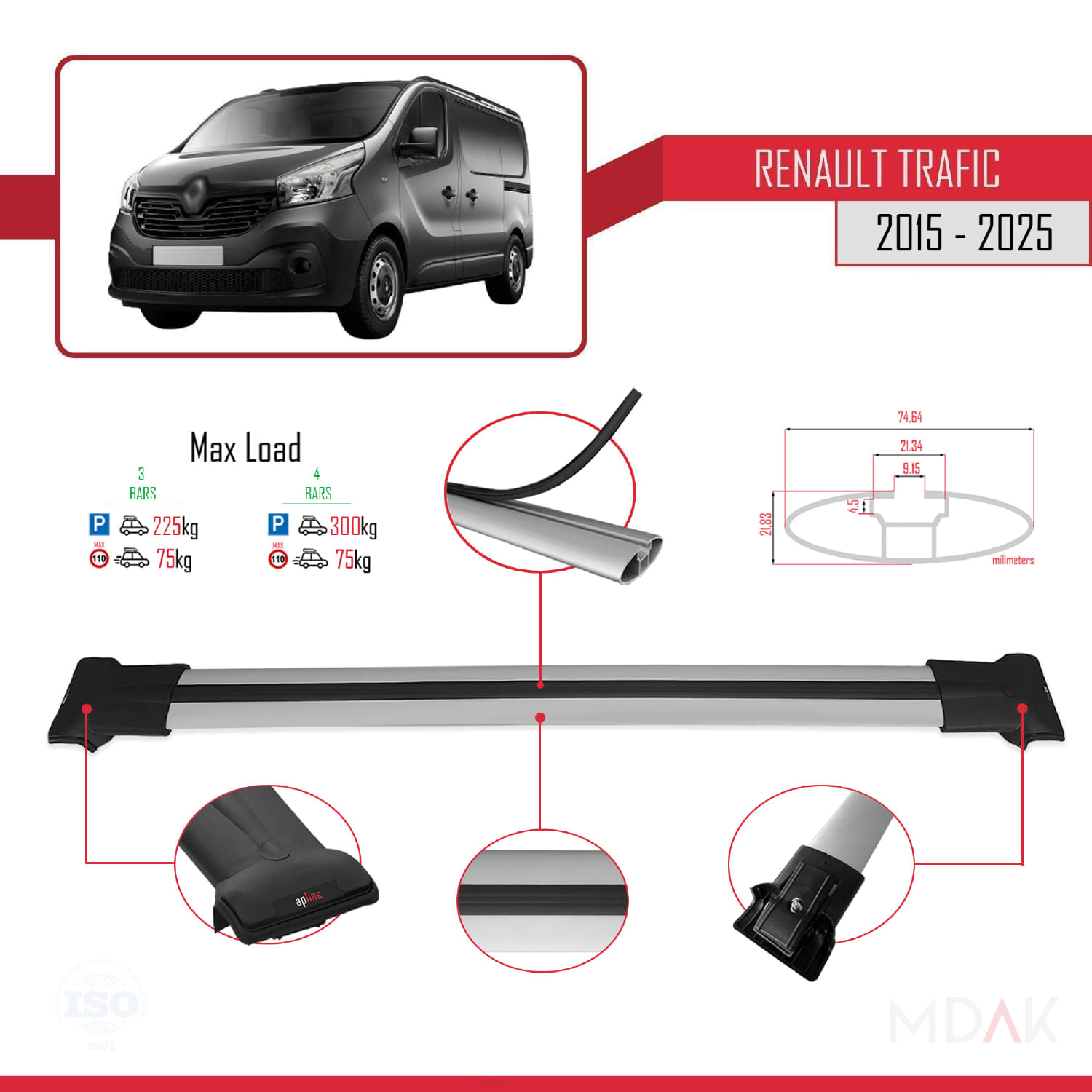 Renault Trafic 3 (X82) 2015 ve Sonrası ile Uyumlu FLY Model Ara Atkı Tavan Barı Gri 4 Adet - Görsel 3
