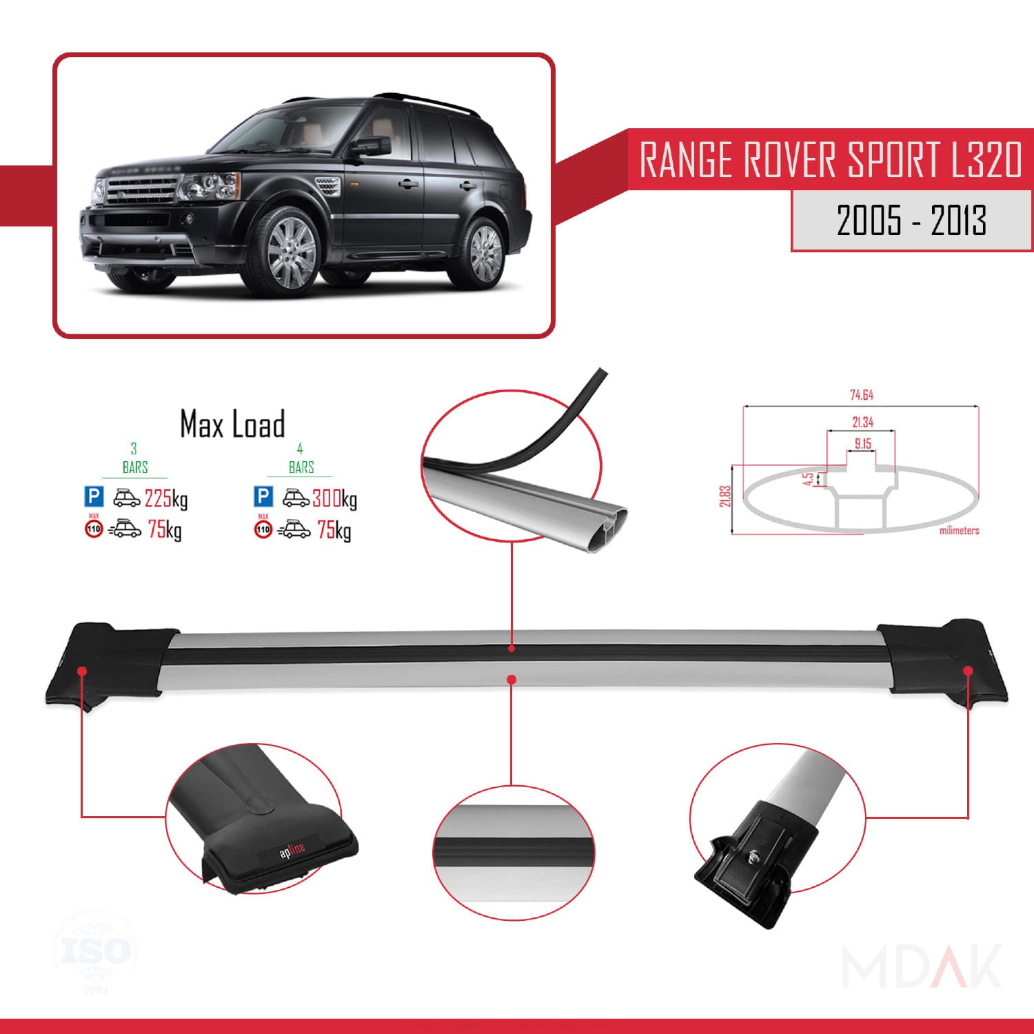 Land Rover Range Rover Sport (L320) 2005-2013 Arası ile Uyumlu FLY Model Ara Atkı Tavan Barı Gri 3 Adet - Görsel 3