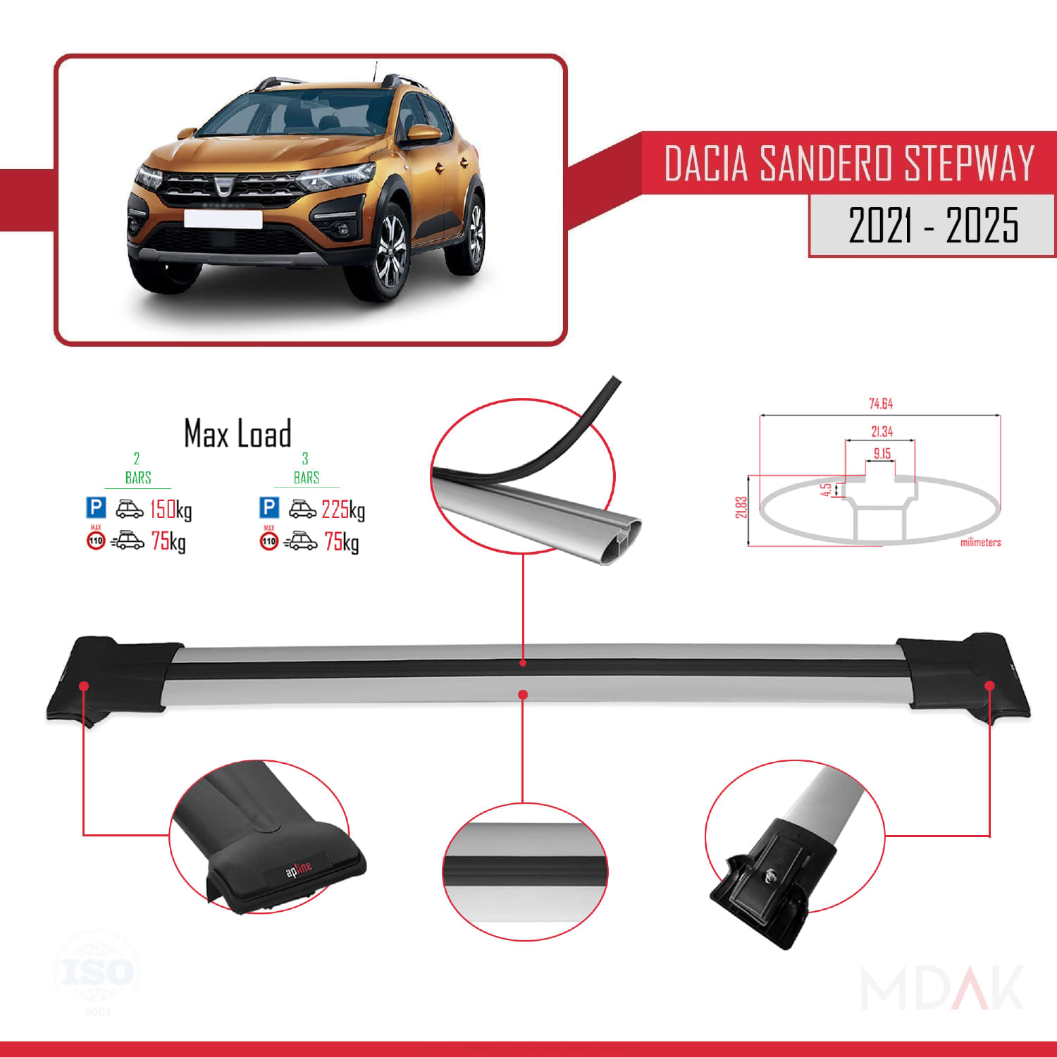 Dacia Sandero Stepway 3 2021 ve Sonrası ile Uyumlu FLY Model Ara Atkı Tavan Barı Gri 2 Adet - Görsel 4