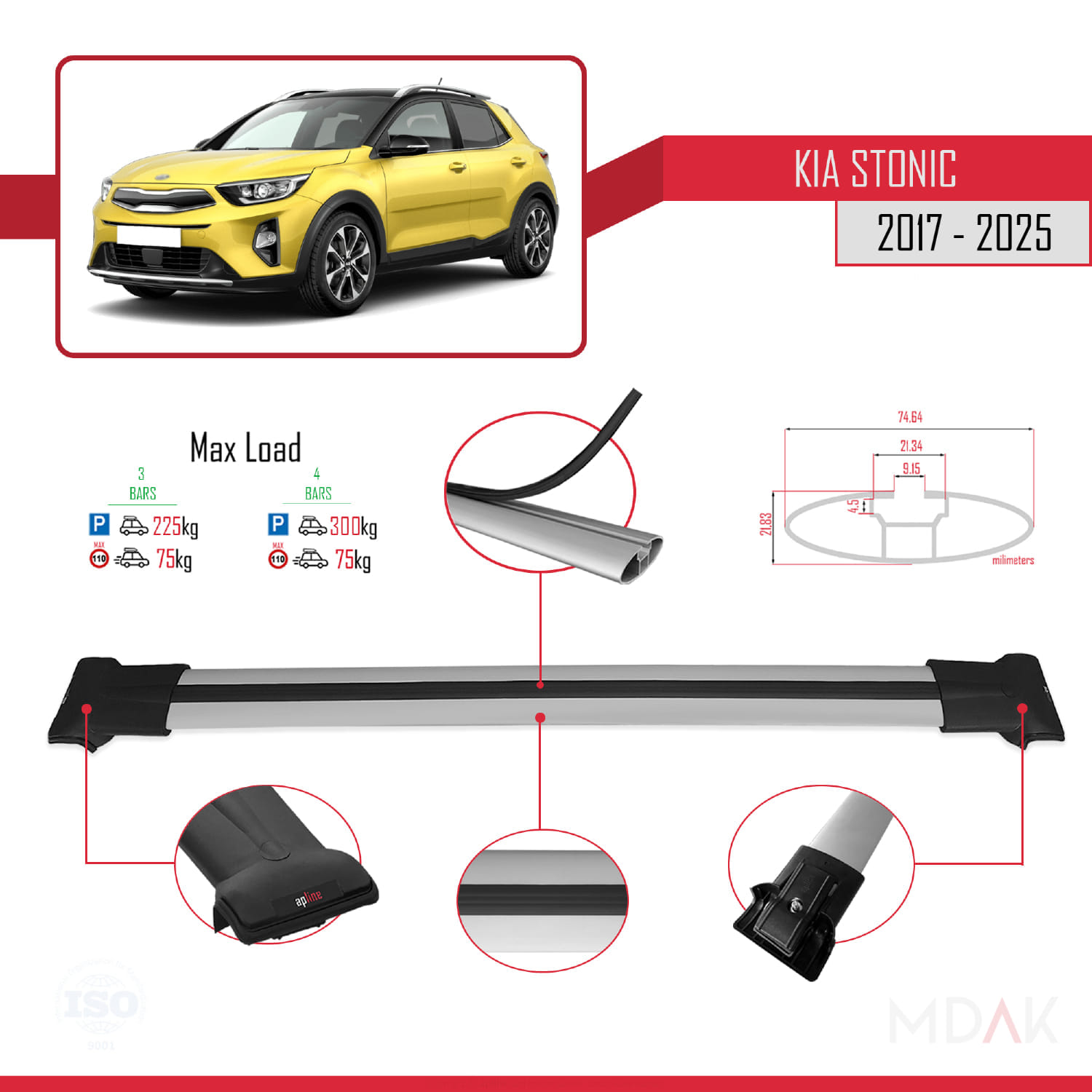 Kia Stonic 2017 ve Sonrası ile Uyumlu FLY Model Ara Atkı Tavan Barı Gri 3 Adet - Görsel 3