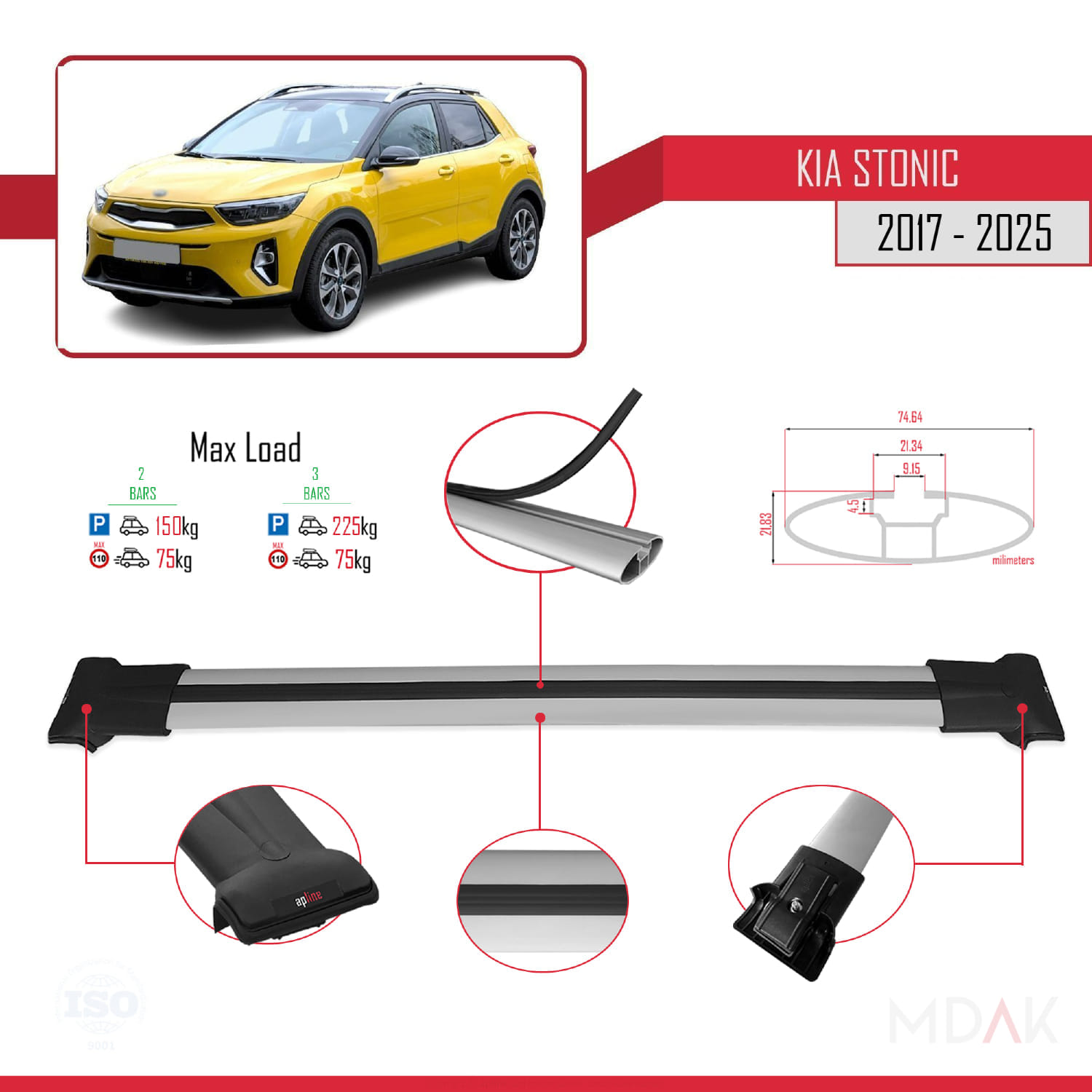 Kia Stonic 2017 ve Sonrası ile Uyumlu FLY Model Ara Atkı Tavan Barı Gri 2 Adet - Görsel 4