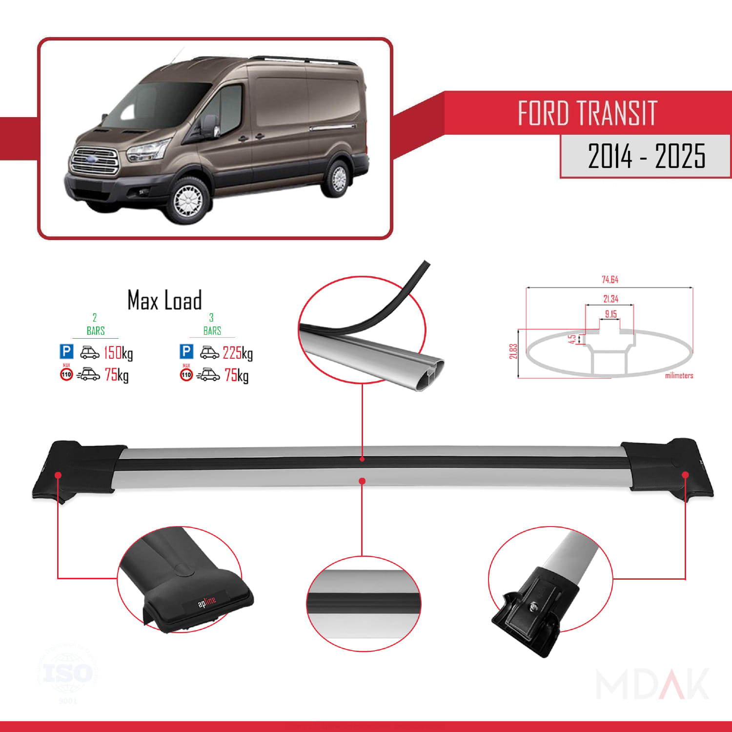 Ford Transit 2014 ve Sonrası ile Uyumlu FLY Model Ara Atkı Tavan Barı Gri 2 Adet - Görsel 4