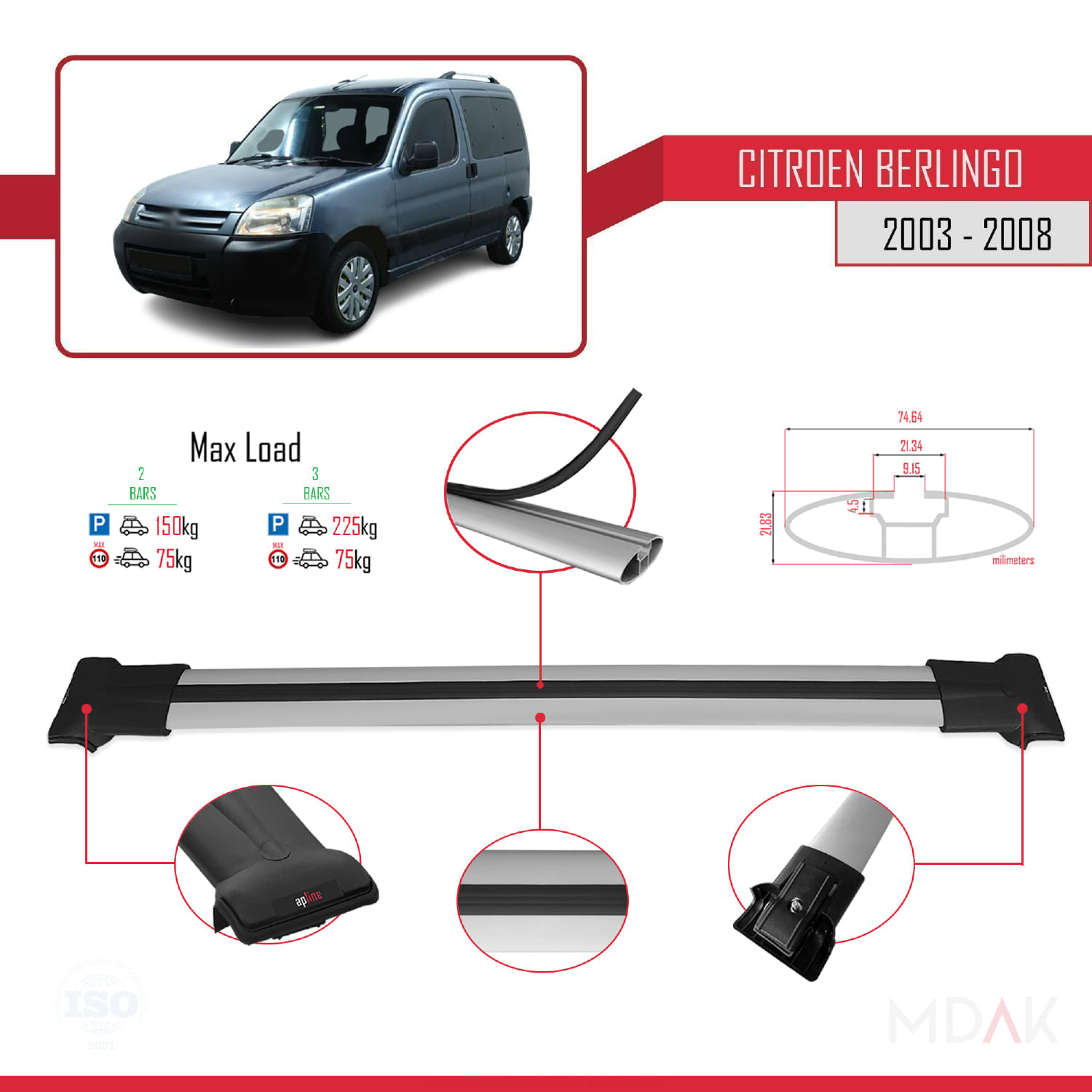 Citroen Berlingo (M59) 2003-2008 Arası ile Uyumlu FLY Model Ara Atkı Tavan Barı Gri 2 Adet - Görsel 4