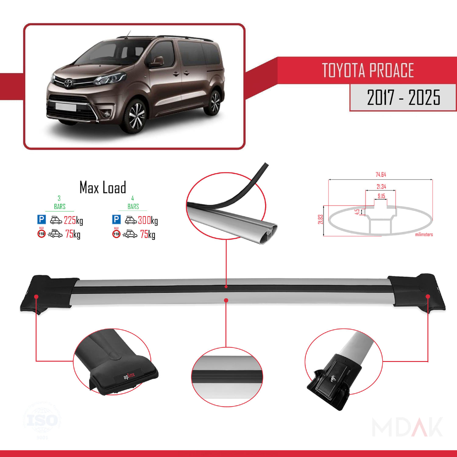 Toyota Proace 2017 ve Sonrası ile Uyumlu FLY Model Ara Atkı Tavan Barı Gri 4 Adet - Görsel 3