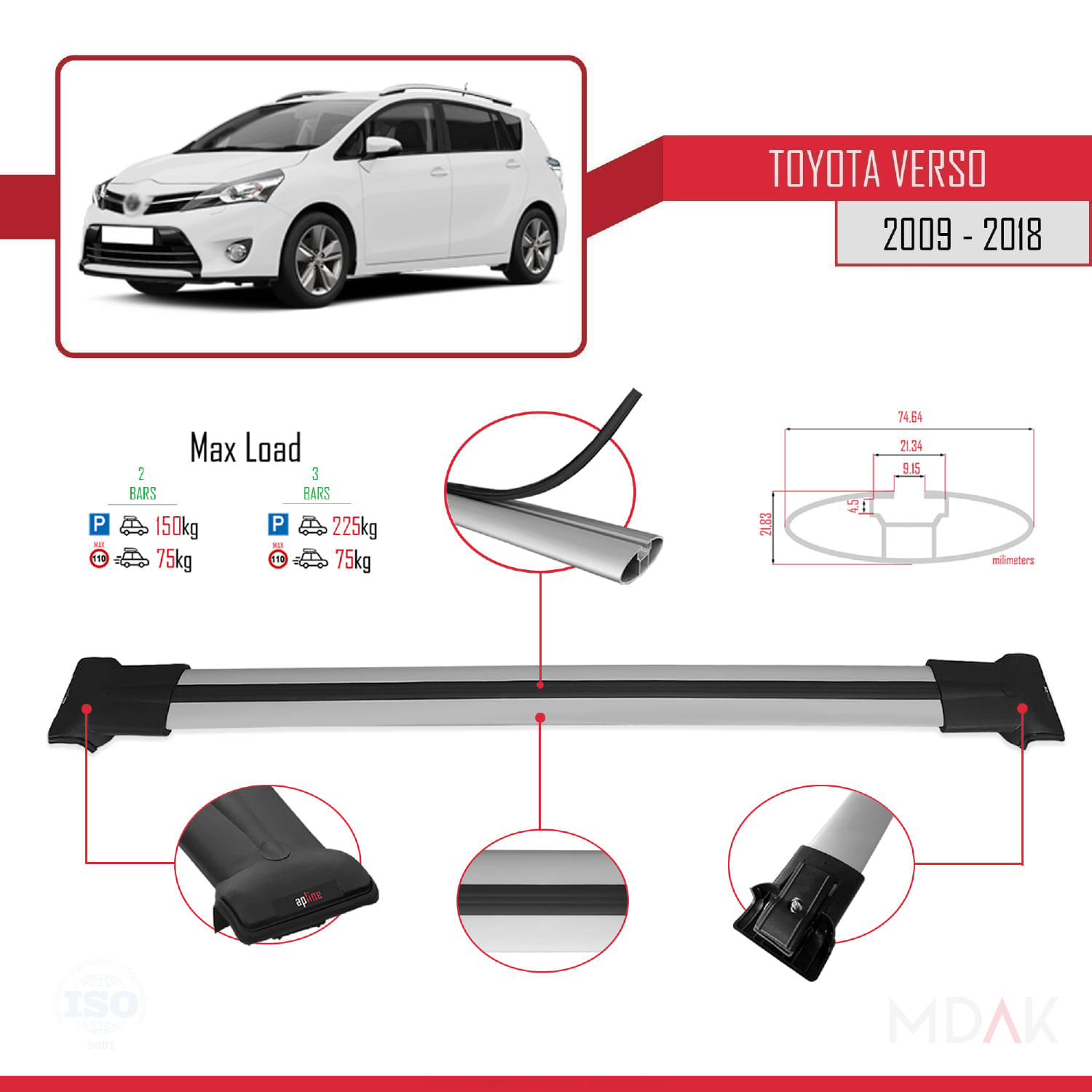 Toyota Verso (AR20) 2009-2018 Arası ile Uyumlu FLY Model Ara Atkı Tavan Barı Gri 2 Adet - Görsel 4
