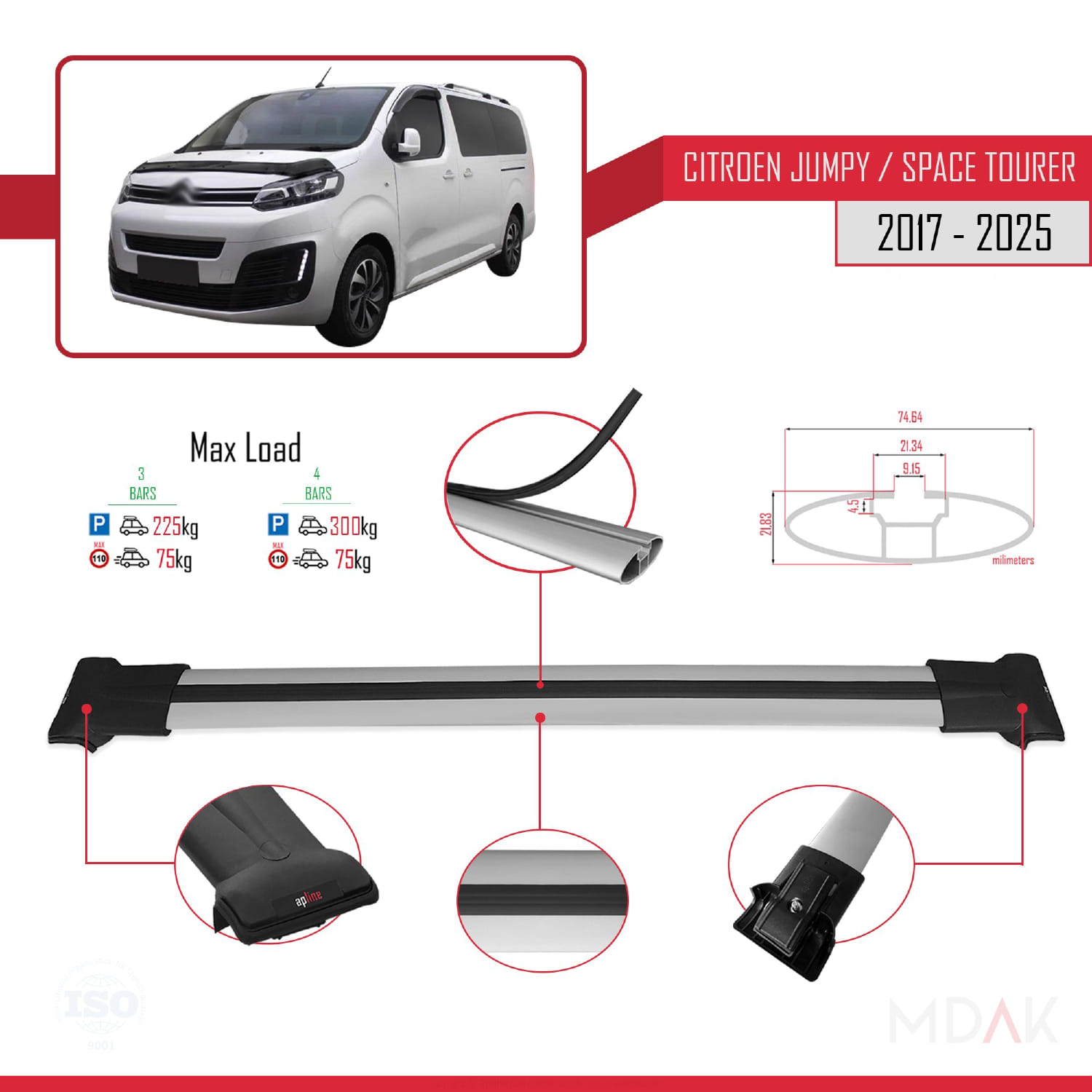 Citroen Jumpy 3 (K0) Space Tourer 2017 ve Sonrası ile Uyumlu FLY Model Ara Atkı Tavan Barı Gri 3 Adet - Görsel 3