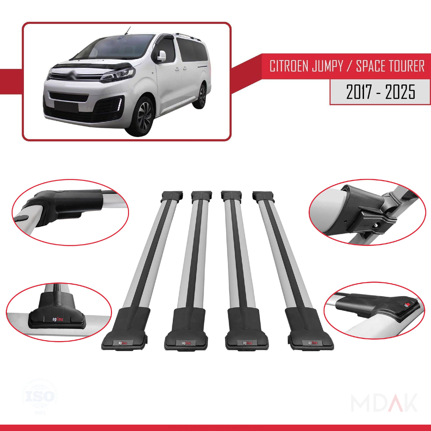 Citroen Jumpy 3 (K0) Space Tourer 2017 ve Sonrası ile Uyumlu FLY Model Ara Atkı Tavan Barı Gri 4 Adet - Görsel 4