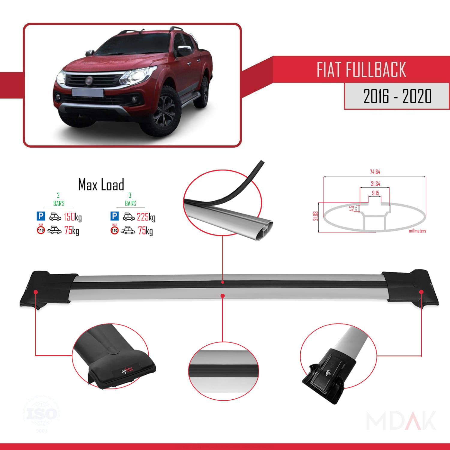 Fiat Fullback 2016-2020 Arası ile Uyumlu FLY Model Ara Atkı Tavan Barı Gri 2 Adet - Görsel 4