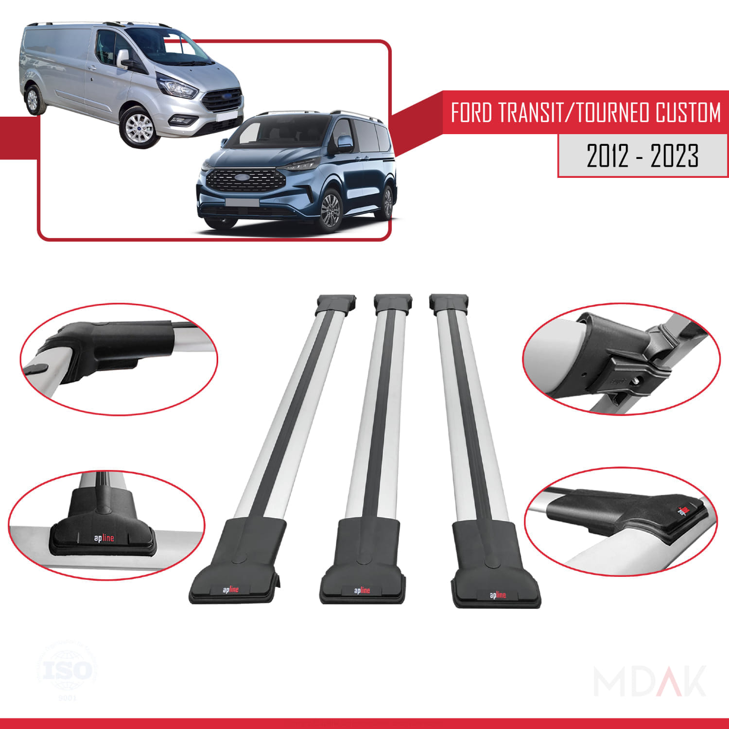 Ford Transit/Tourneo Custom 2012-2023 Arası ile Uyumlu FLY Model Ara Atkı Tavan Barı Gri 3 Adet - Görsel 4