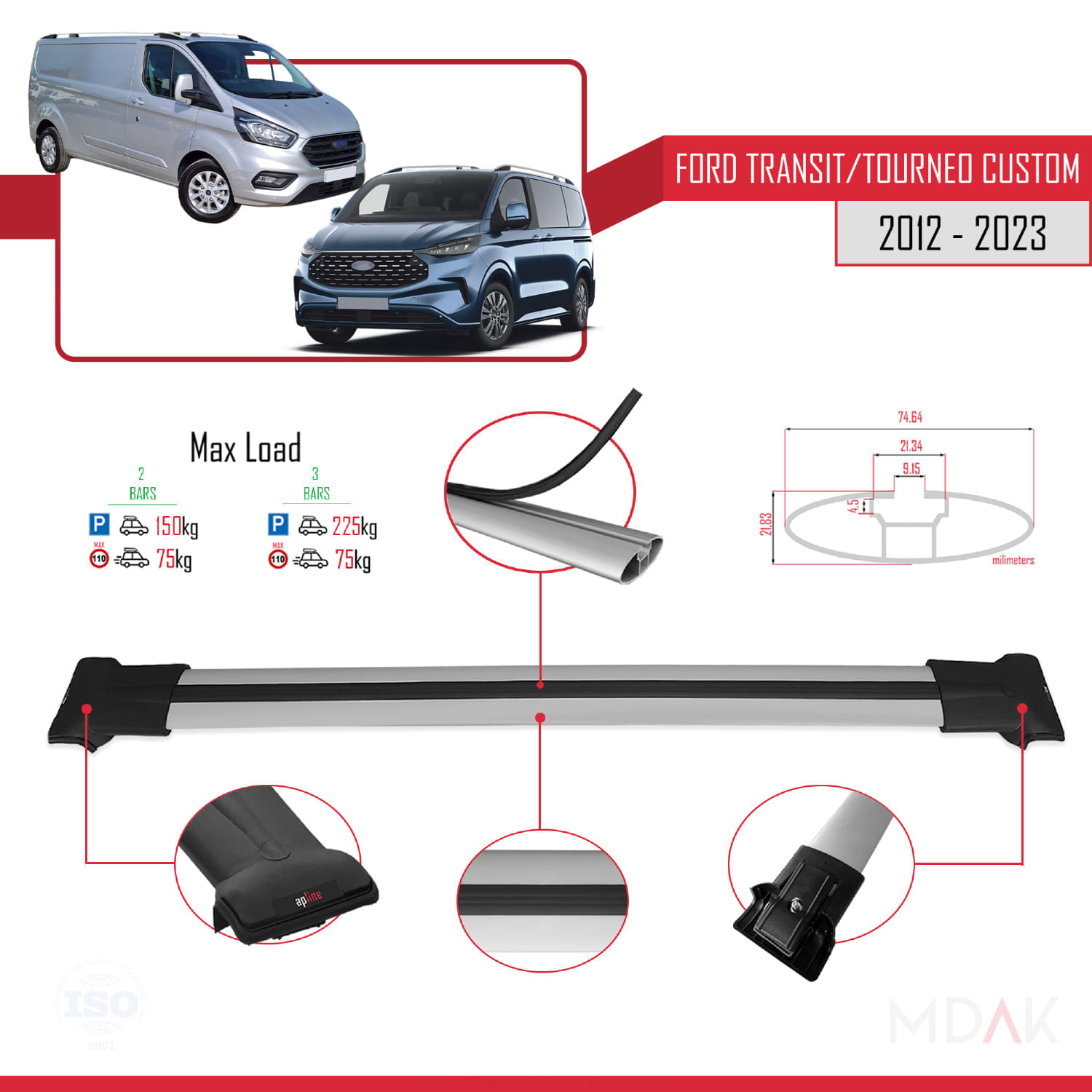 Ford Transit/Tourneo Custom 2012-2023 Arası ile Uyumlu FLY Model Ara Atkı Tavan Barı Gri 2 Adet - Görsel 4