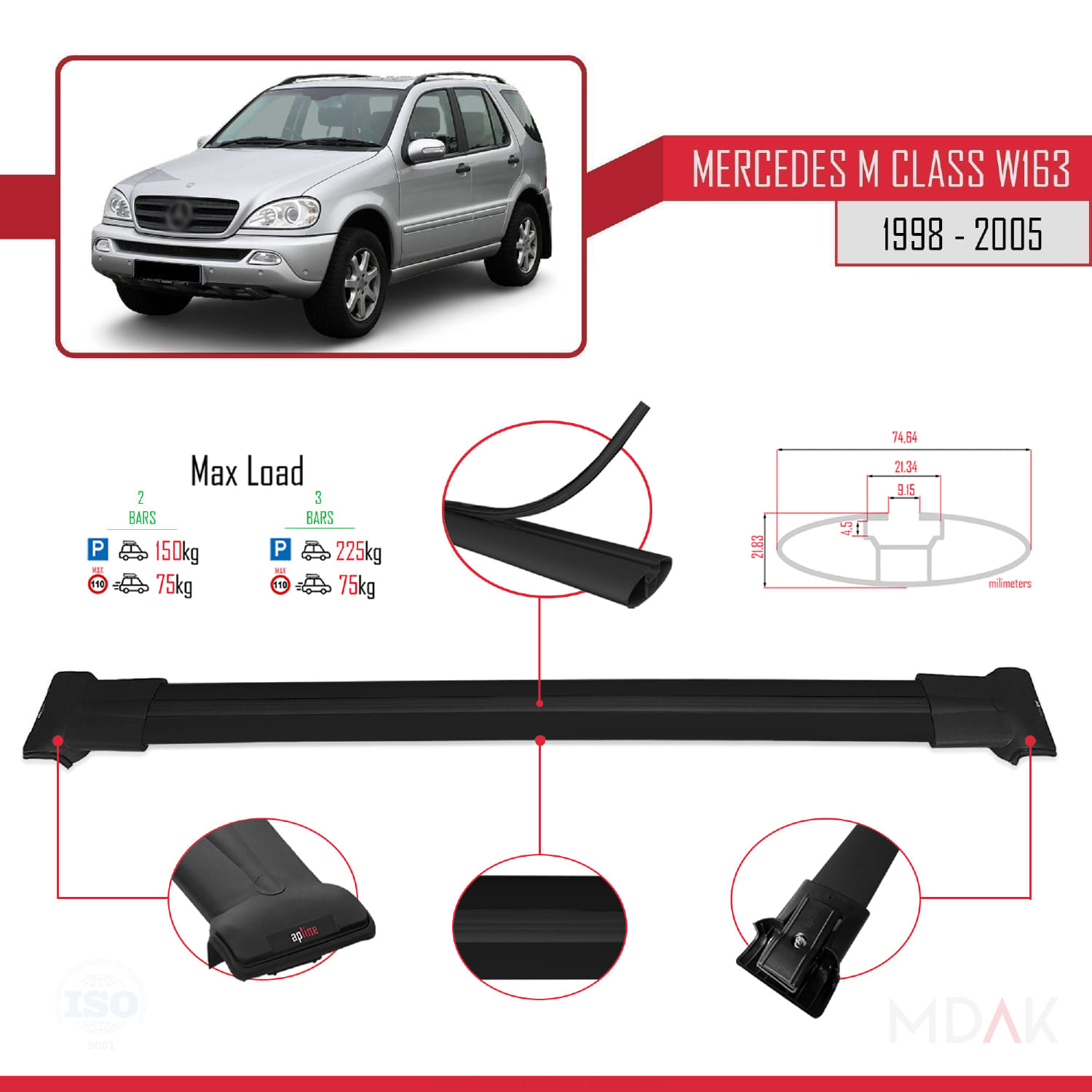 Mercedes M Class (W163) 1998-2005 Arası ile Uyumlu FLY Model Ara Atkı Tavan Barı Siyah 2 Adet - Görsel 3