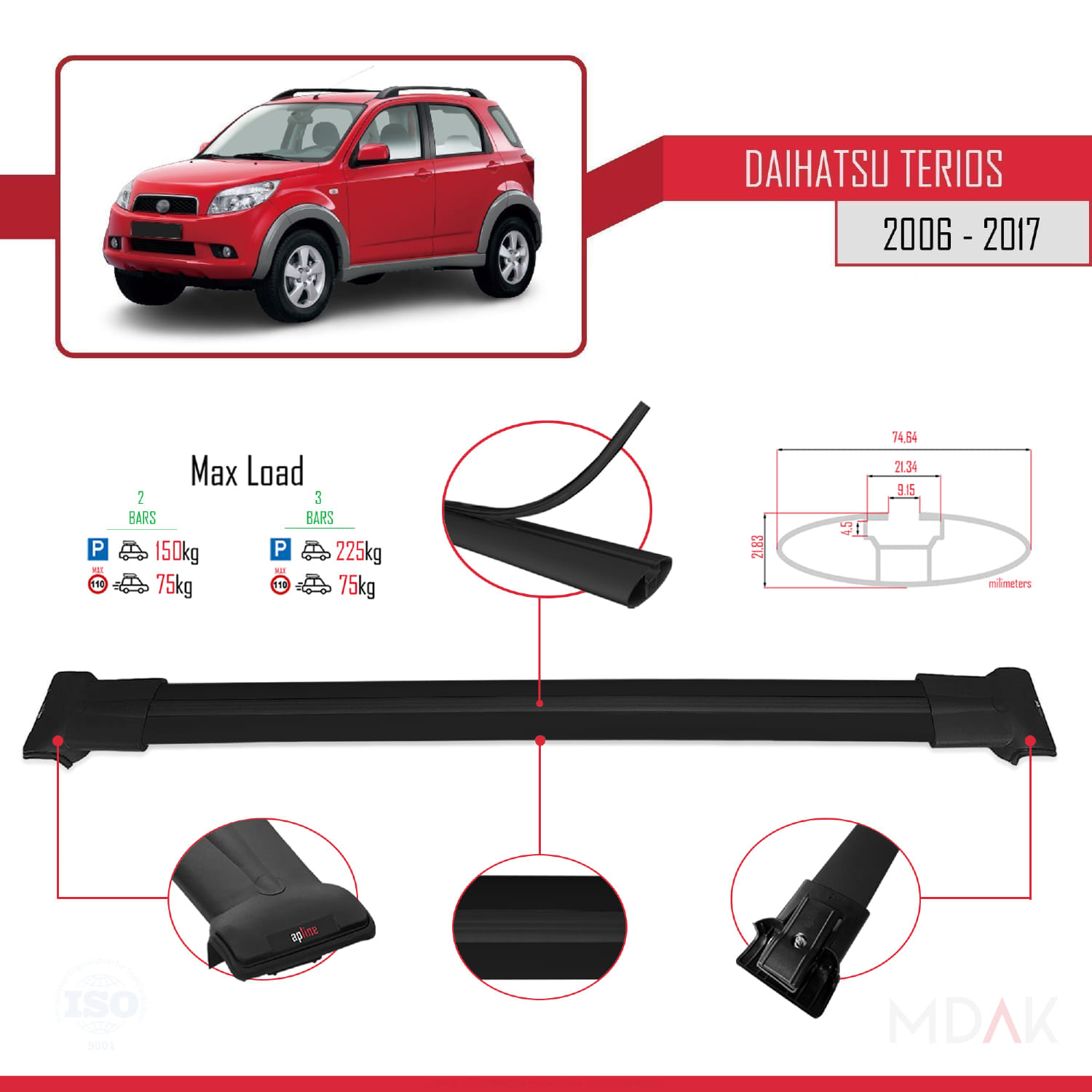 Daihatsu Terios 2 (J200) 2006-2017 Arası ile Uyumlu FLY Model Ara Atkı Tavan Barı Siyah 2 Adet - Görsel 3