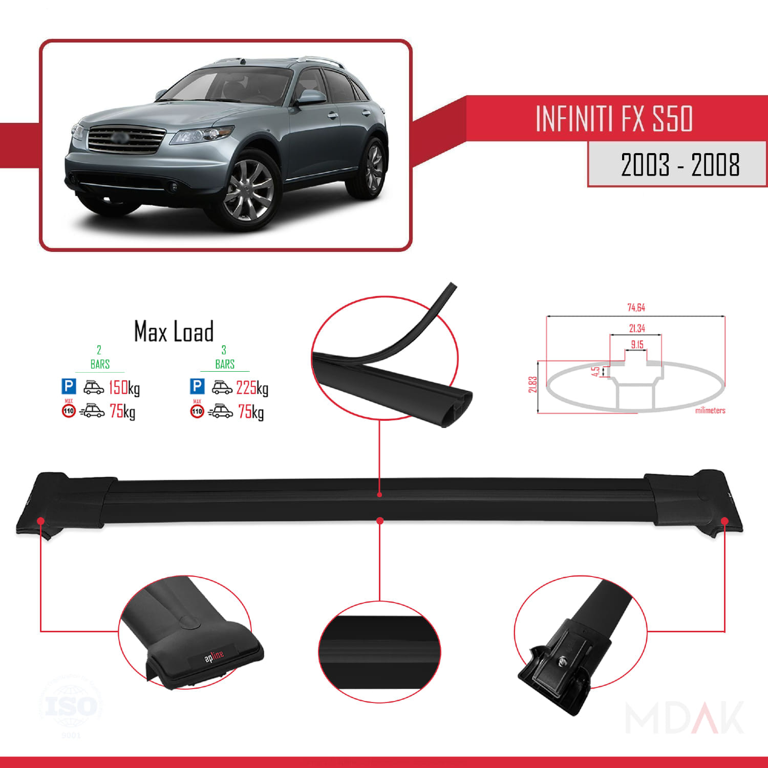 Infiniti FX (S50) 2003-2008 Arası ile Uyumlu FLY Model Ara Atkı Tavan Barı Siyah 2 Adet - Görsel 3
