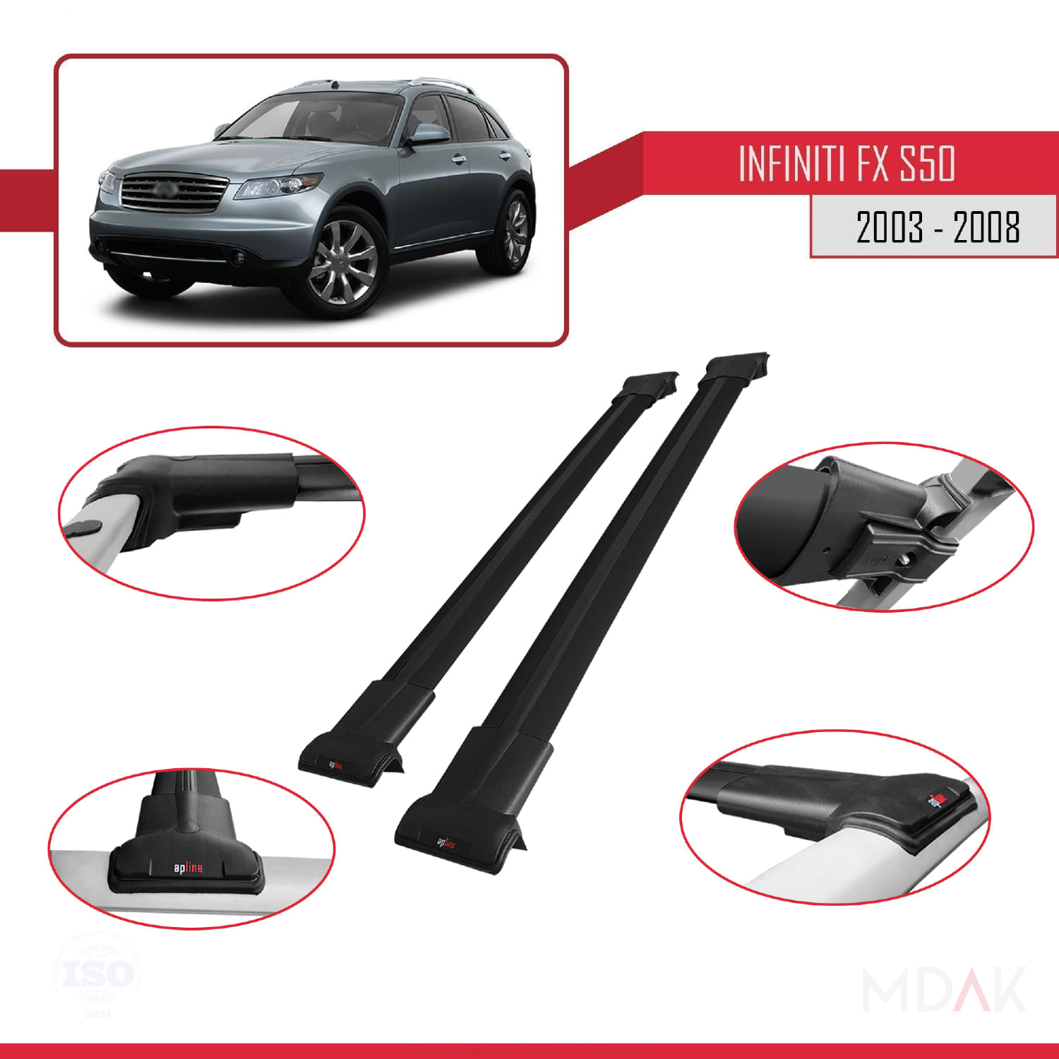 Infiniti FX (S50) 2003-2008 Arası ile Uyumlu FLY Model Ara Atkı Tavan Barı Siyah 2 Adet - Görsel 4