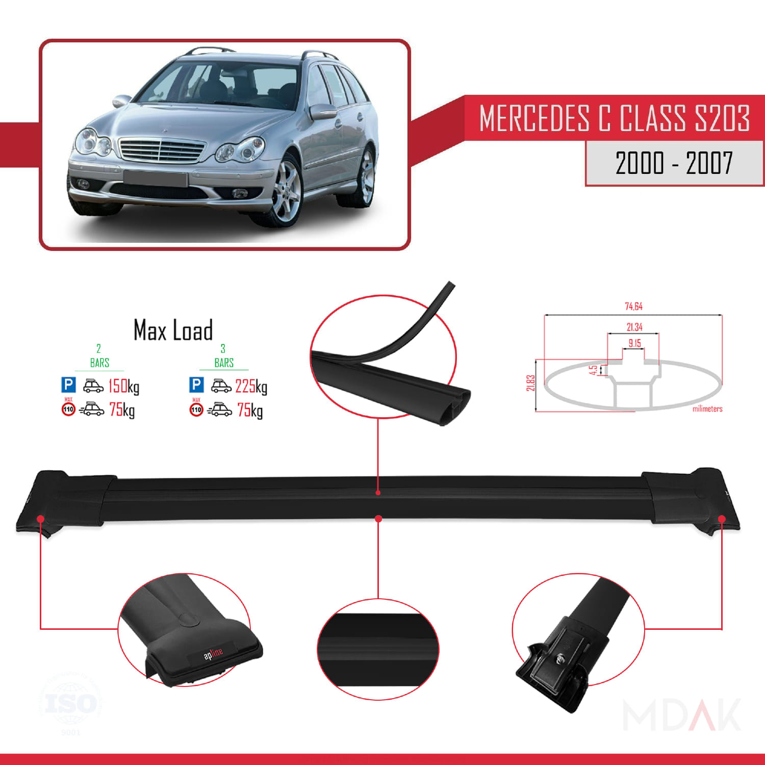 Mercedes C Class 2 (S203) 2000-2007 Arası ile Uyumlu FLY Model Ara Atkı Tavan Barı Siyah 2 Adet - Görsel 3