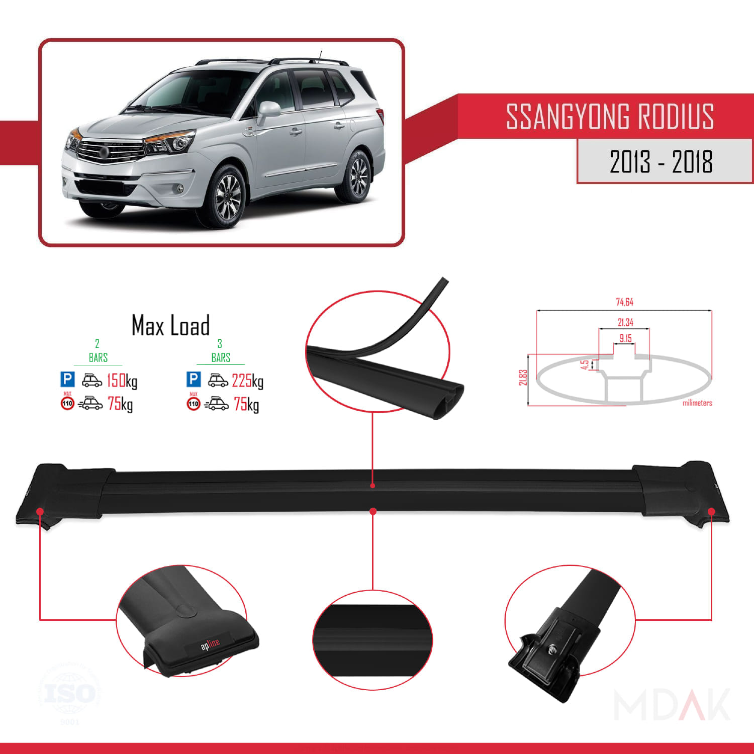 Ssangyong Rodius 2 2013-2018 Arası ile Uyumlu FLY Model Ara Atkı Tavan Barı Siyah 2 Adet - Görsel 3