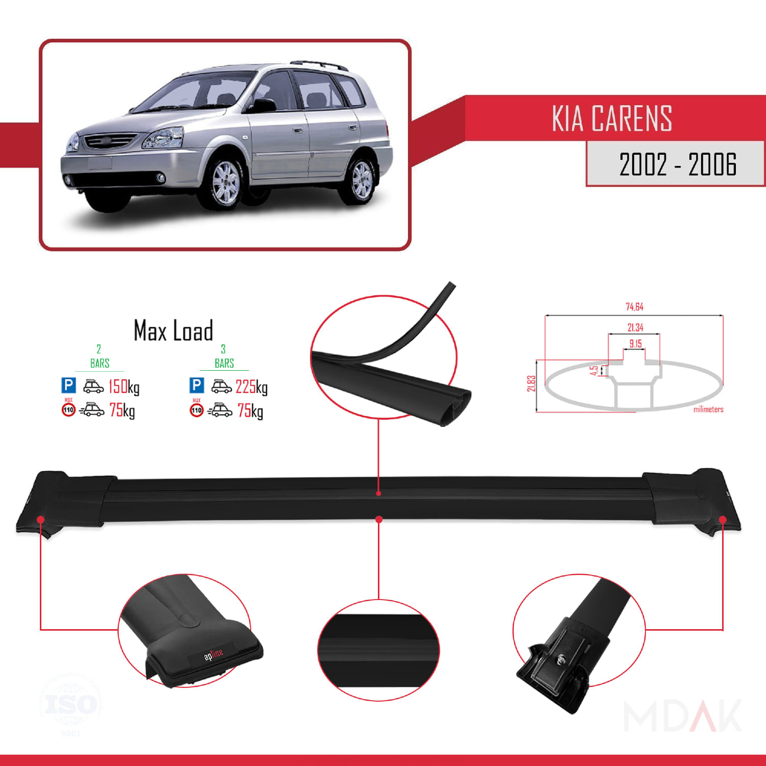Kia Carens Post-Facelift 2002-2006 Arası ile Uyumlu FLY Model Ara Atkı Tavan Barı Siyah 2 Adet - Görsel 3