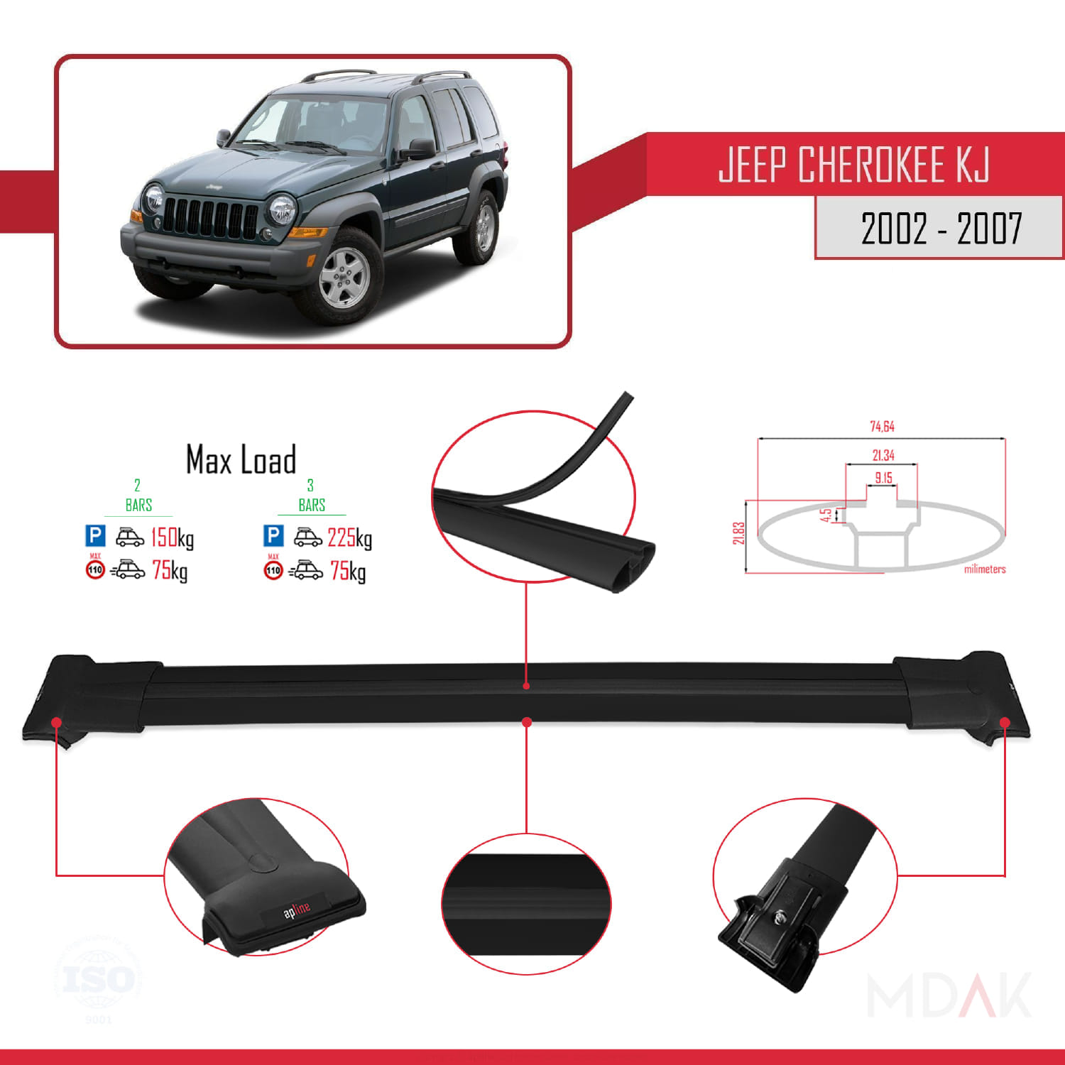Jeep Cherokee 3 (KJ) 2002-2007 Arası ile Uyumlu FLY Model Ara Atkı Tavan Barı Siyah 2 Adet - Görsel 3
