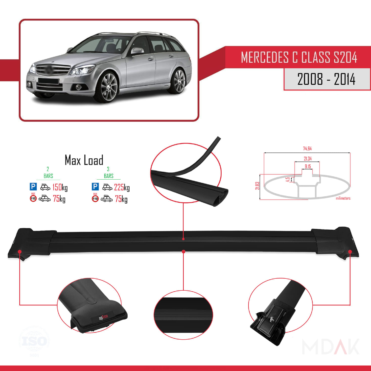 Mercedes C Class 3 (S204) 2008-2014 Arası ile Uyumlu FLY Model Ara Atkı Tavan Barı Siyah 2 Adet - Görsel 4