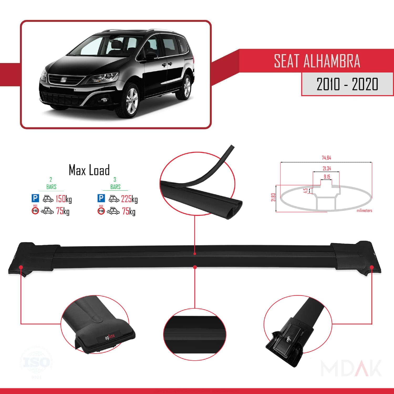 Seat Alhambra 2 (7N) 2010-2020 Arası ile Uyumlu FLY Model Ara Atkı Tavan Barı Siyah 2 Adet - Görsel 4