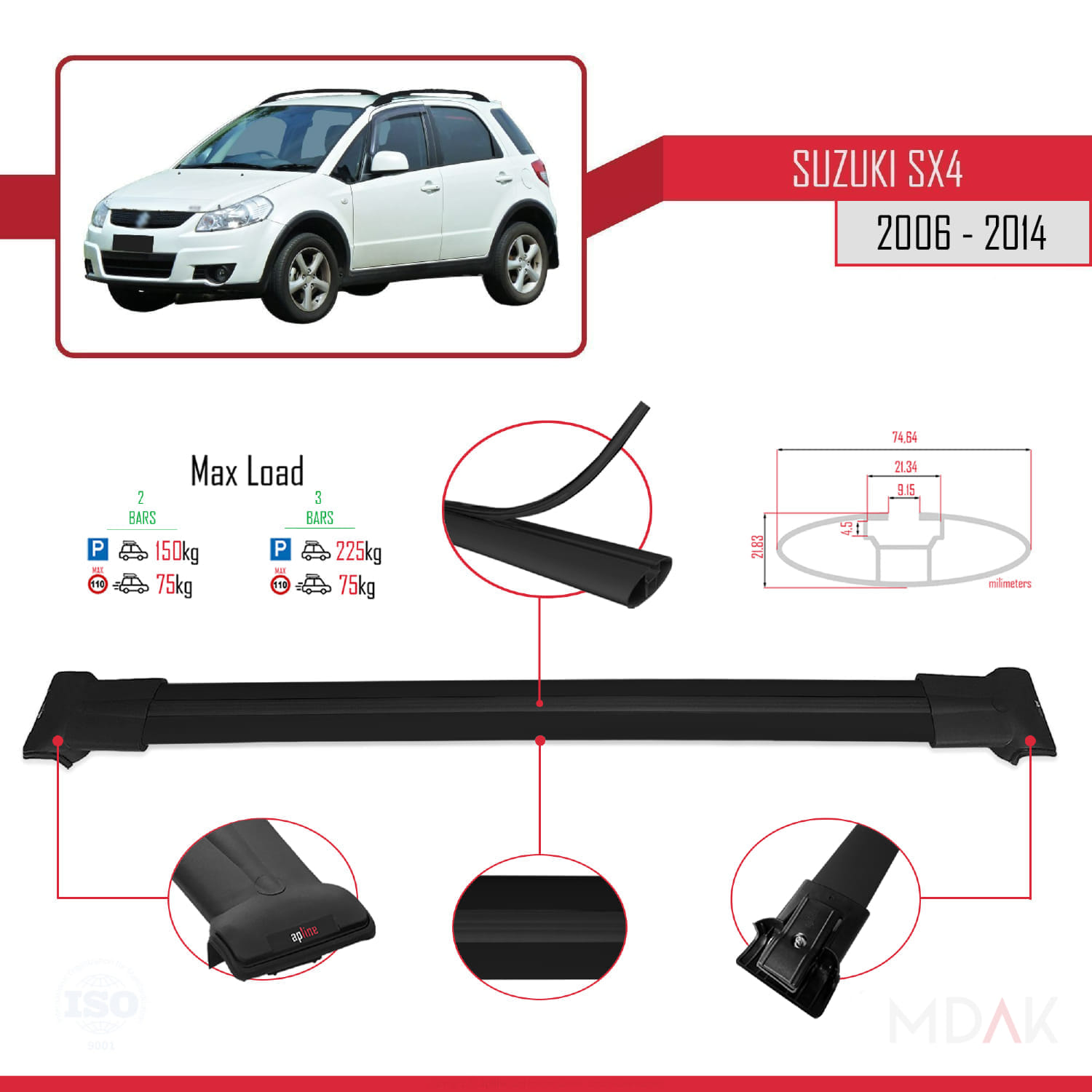 Suzuki SX4 II (JY) 2006-2014 Arası ile Uyumlu FLY Model Ara Atkı Tavan Barı Siyah 2 Adet - Görsel 4