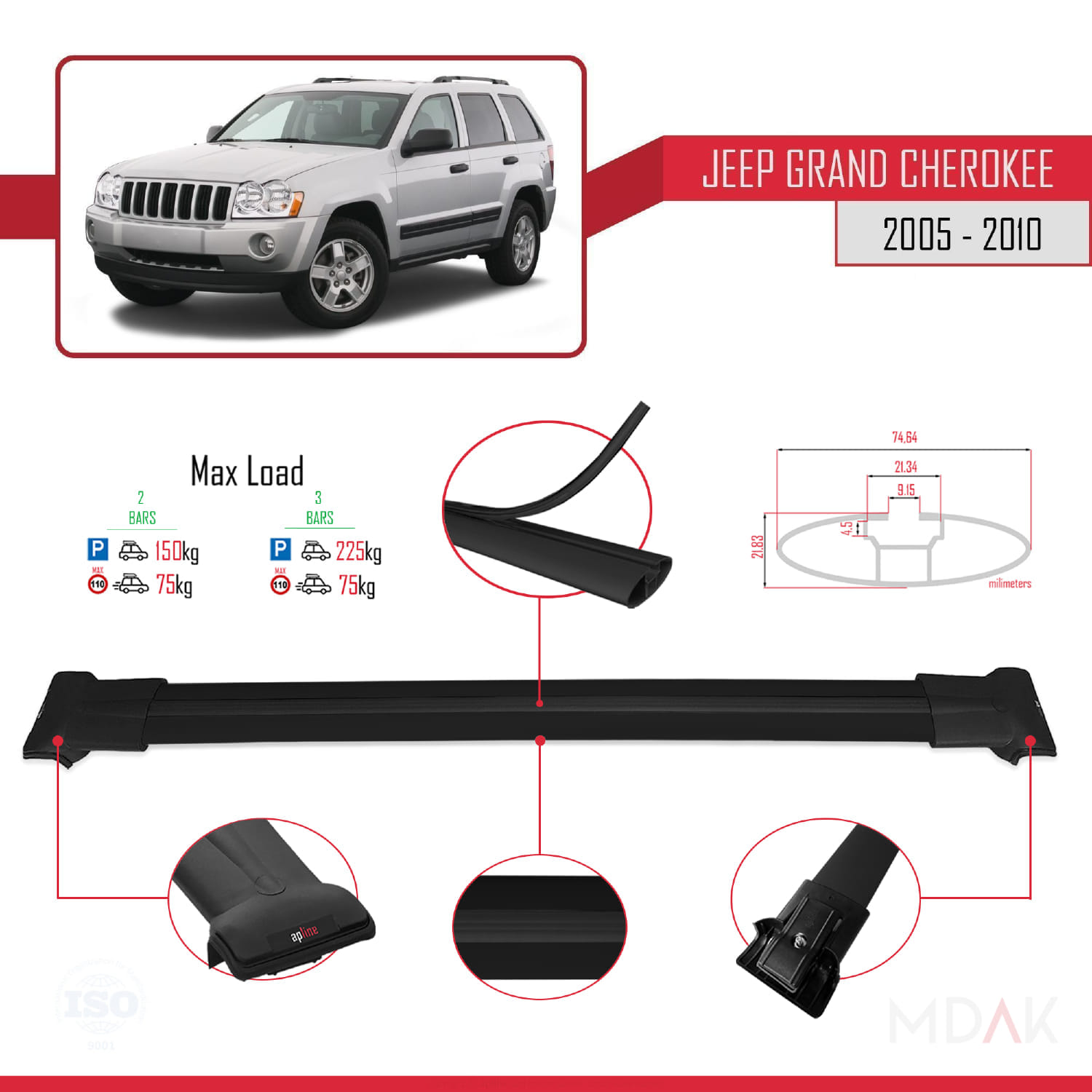 Jeep Grand Cherokee 3 (WK) 2005-2010 Arası ile Uyumlu FLY Model Ara Atkı Tavan Barı Siyah 2 Adet - Görsel 3