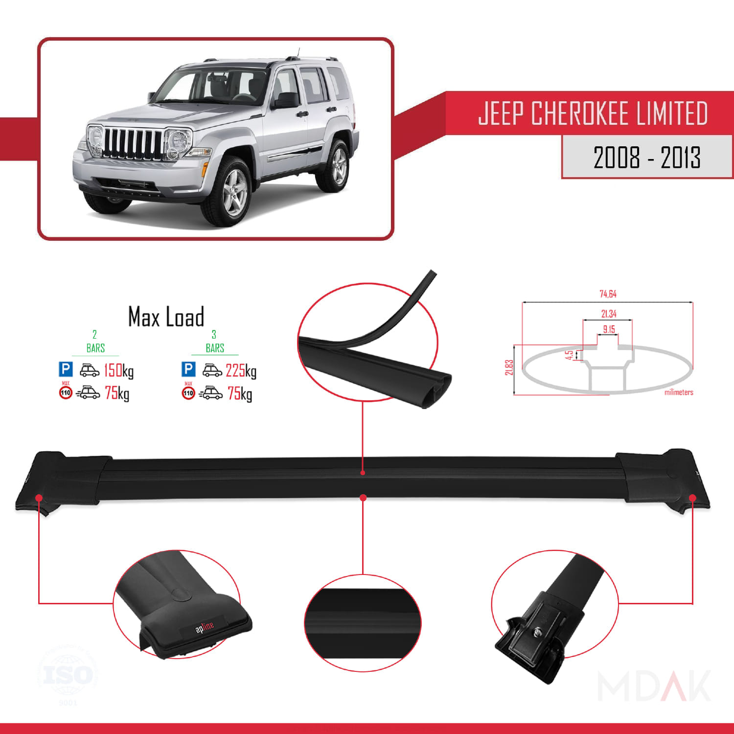 Jeep Cherokee 4 (KK) 2008-2013 Arası ile Uyumlu FLY Model Ara Atkı Tavan Barı Siyah 2 Adet - Görsel 3