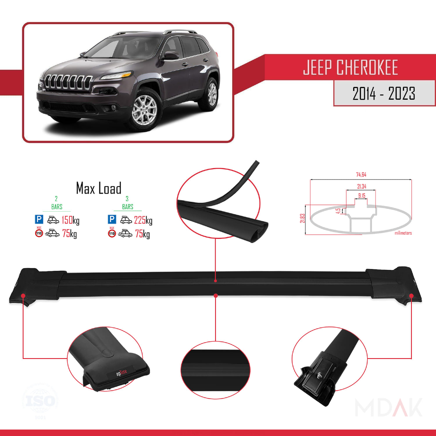 Jeep Cherokee 5 (KL) 2014-2023 Arası ile Uyumlu FLY Model Ara Atkı Tavan Barı Siyah 2 Adet - Görsel 3