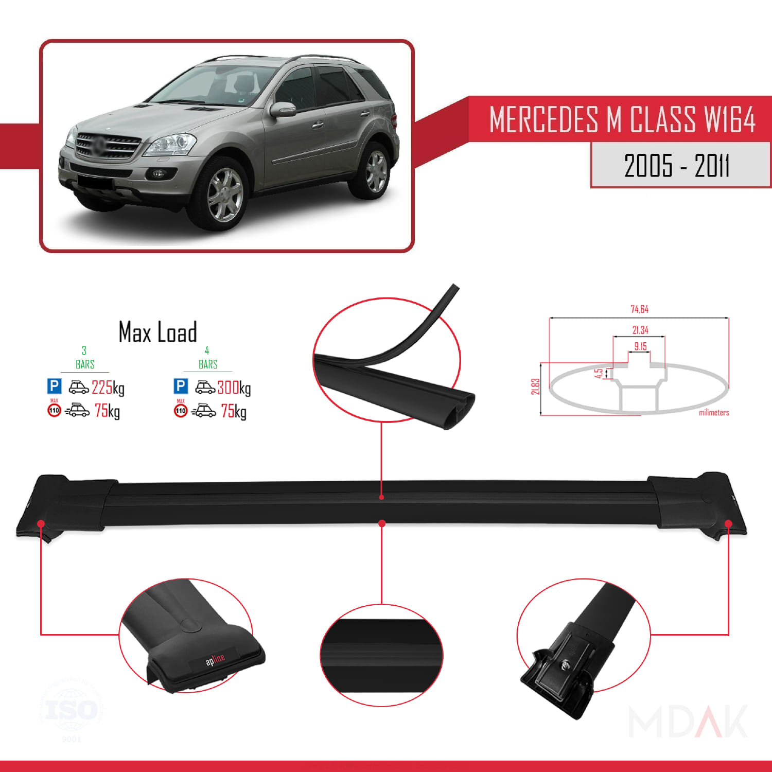 Mercedes M Class 2 (W164) 2005-2011 Arası ile Uyumlu FLY Model Ara Atkı Tavan Barı Siyah 3 Adet - Görsel 3
