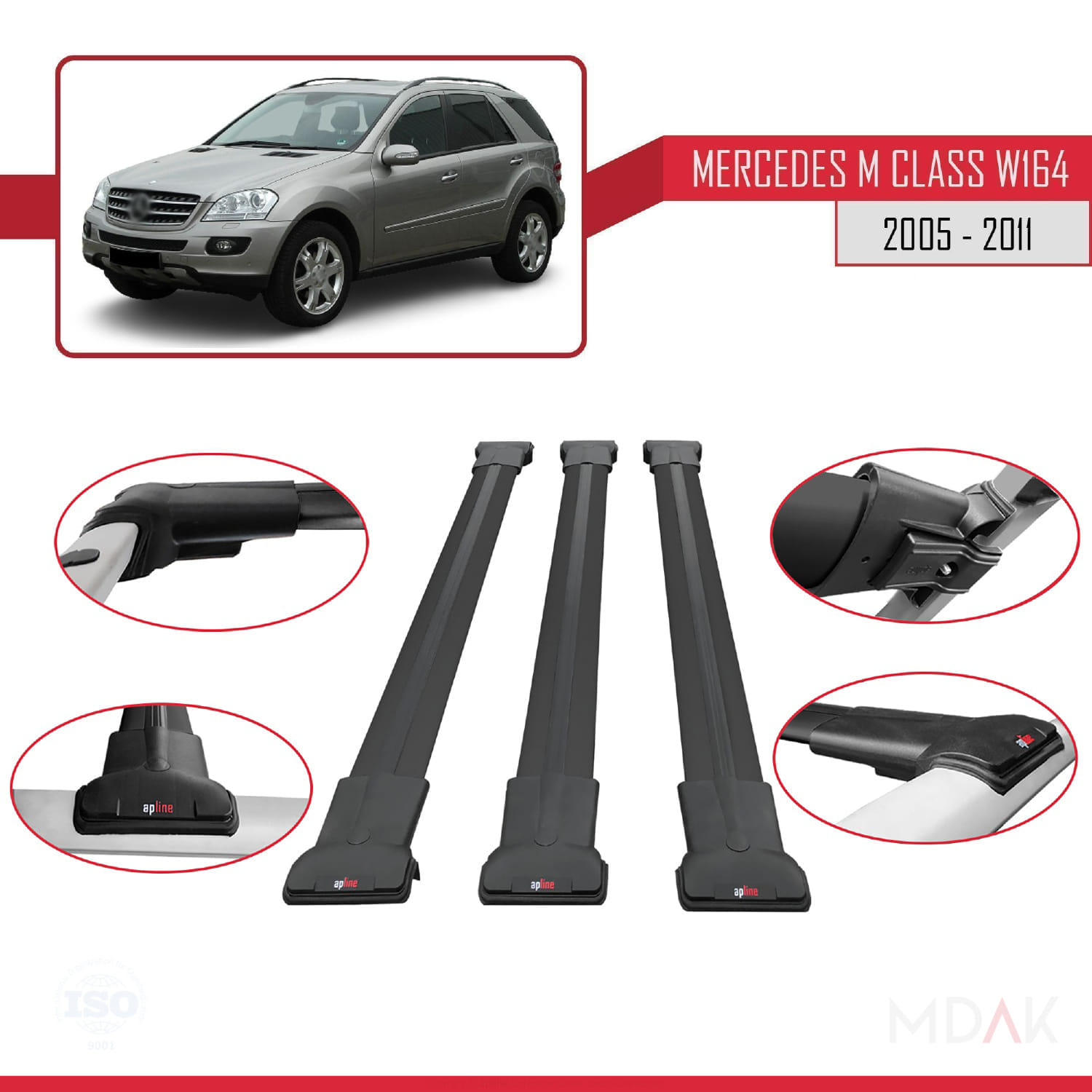 Mercedes M Class 2 (W164) 2005-2011 Arası ile Uyumlu FLY Model Ara Atkı Tavan Barı Siyah 3 Adet - Görsel 4