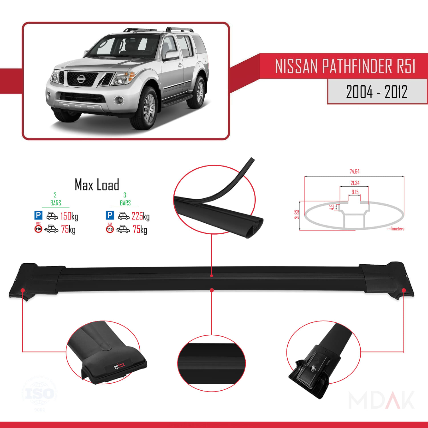 Nissan Pathfinder 3 (R51) 2004-2012 Arası ile Uyumlu FLY Model Ara Atkı Tavan Barı Siyah 2 Adet - Görsel 3