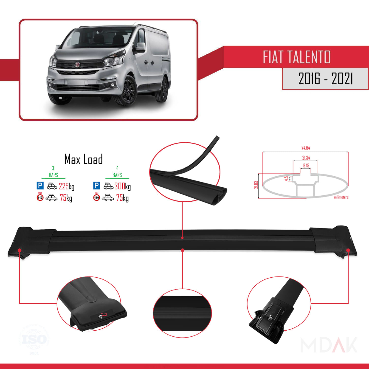 Fiat Talento 2016-2021 Arası ile Uyumlu FLY Model Ara Atkı Tavan Barı Siyah 4 Adet - Görsel 3