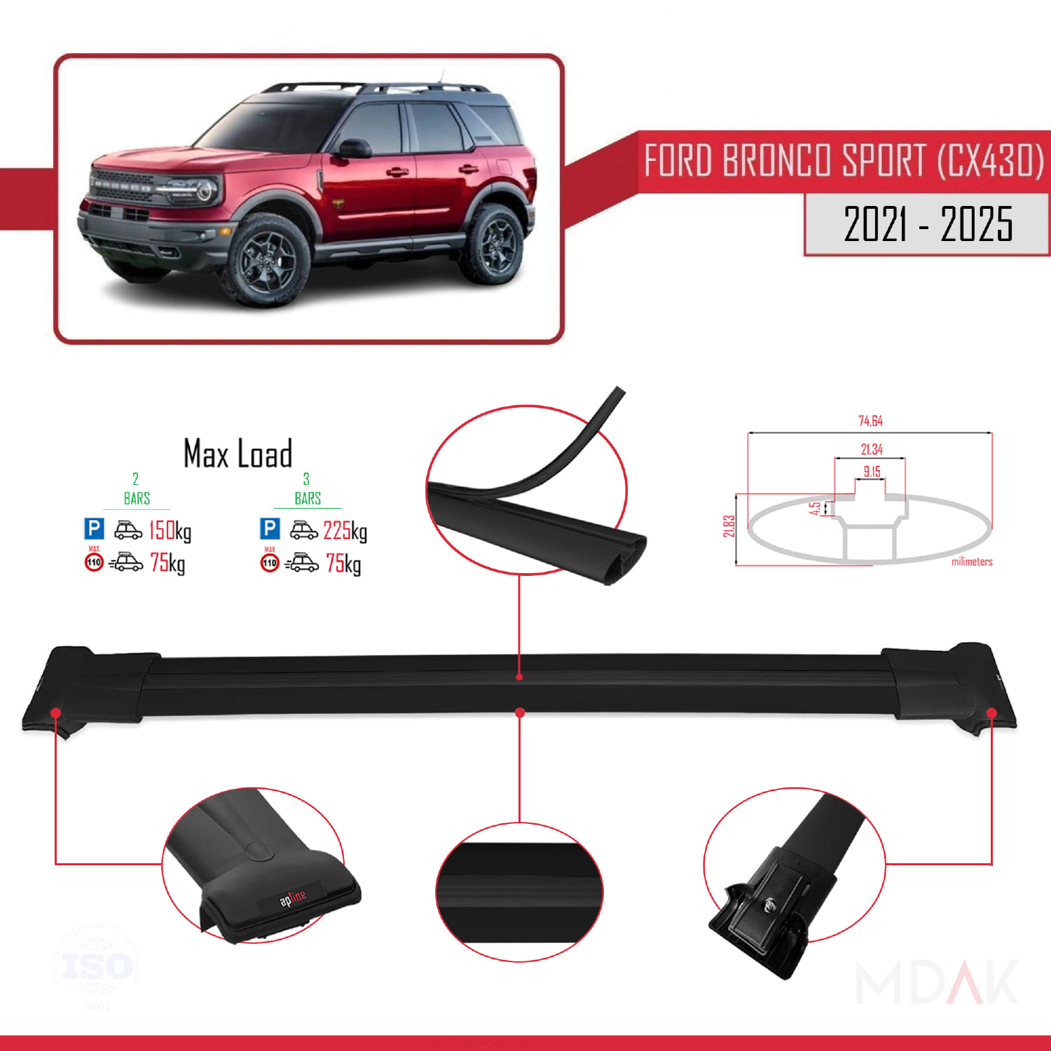 Ford Bronco Sport (CX430) 2021 ve Sonrası ile Uyumlu FLY Model Ara Atkı Tavan Barı Siyah 2 Adet - Görsel 3