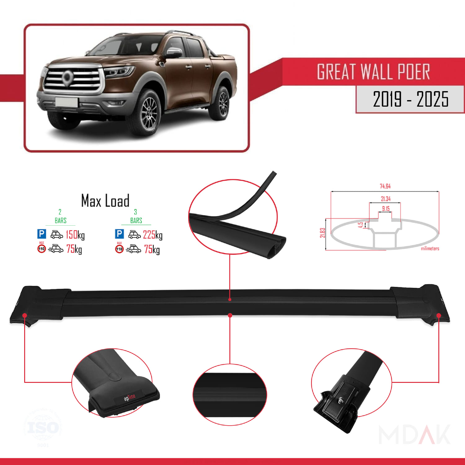 Great Wall Poer 2019 ve Sonrası ile Uyumlu FLY Model Ara Atkı Tavan Barı Siyah 2 Adet - Görsel 3