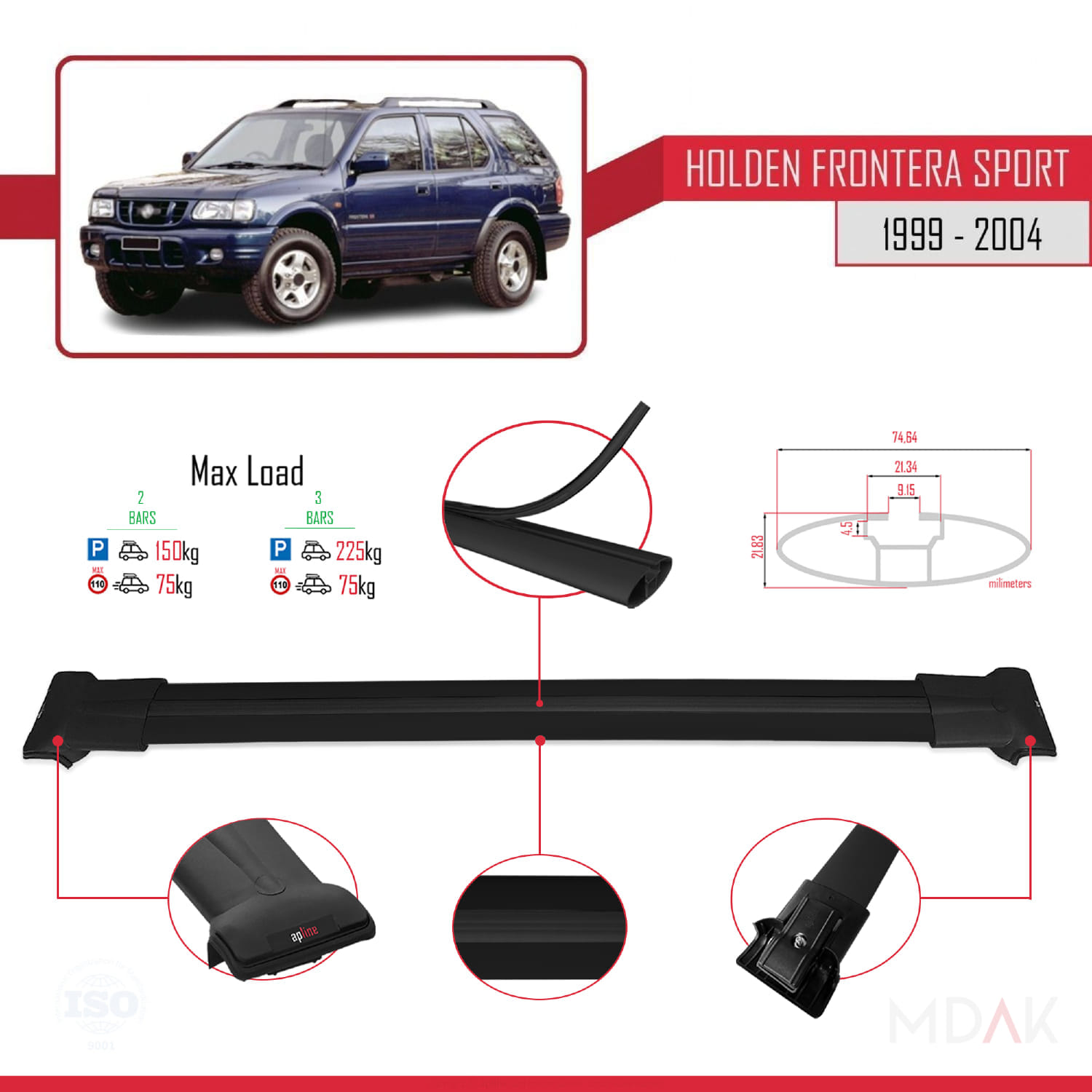 Holden Frontera Sport 2 1999-2004 Arası ile Uyumlu FLY Model Ara Atkı Tavan Barı Siyah 2 Adet - Görsel 3